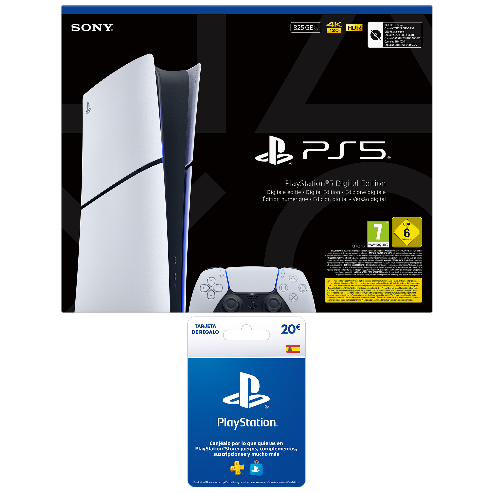 Caja de PlayStation 5 Digital Edition, imagen de consola, tarjeta regalo y mando. Fondo negro con texto blanco.