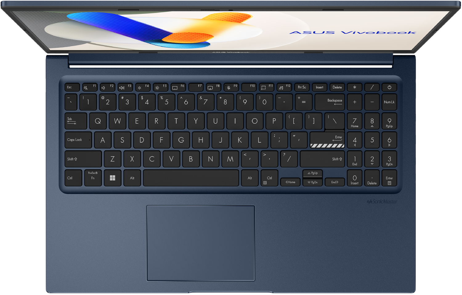 Portátil Asus Vivobook azul abierto, mostrando teclado y pantalla. Teclas del teclado en blanco y negro. La pantalla muestra gráficos coloridos.