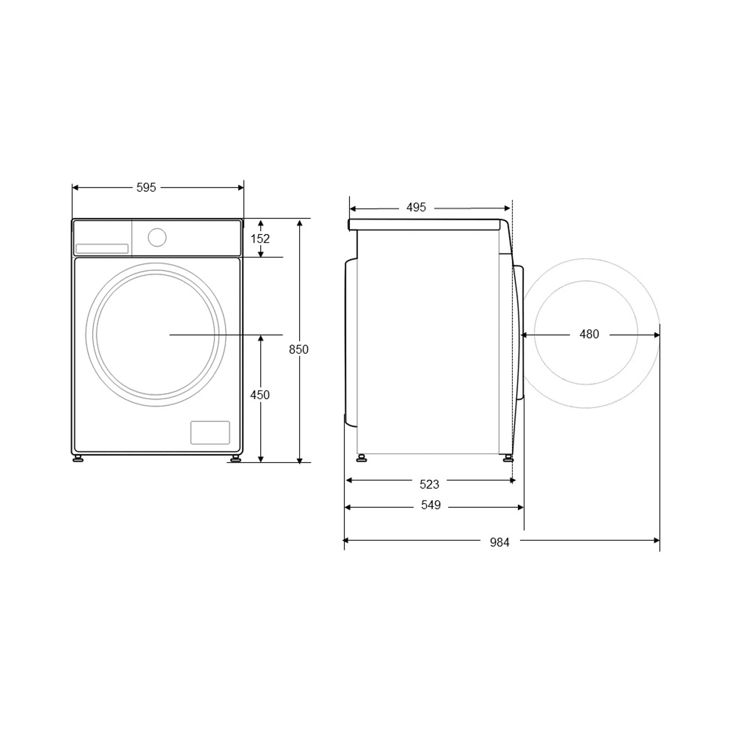 Diagramma di una lavatrice. Vista frontale e laterale con dimensioni in millimetri. Include porta, pannello di controllo e piedi, tutti delineati.