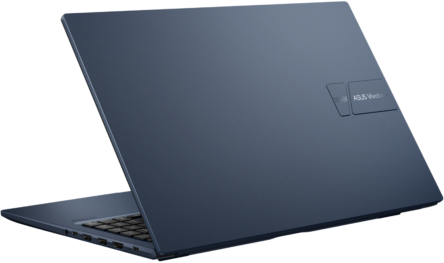 Un portátil ASUS Vivobook azul oscuro. La tapa está abierta, revelando el teclado. El logotipo de ASUS Vivobook es visible.