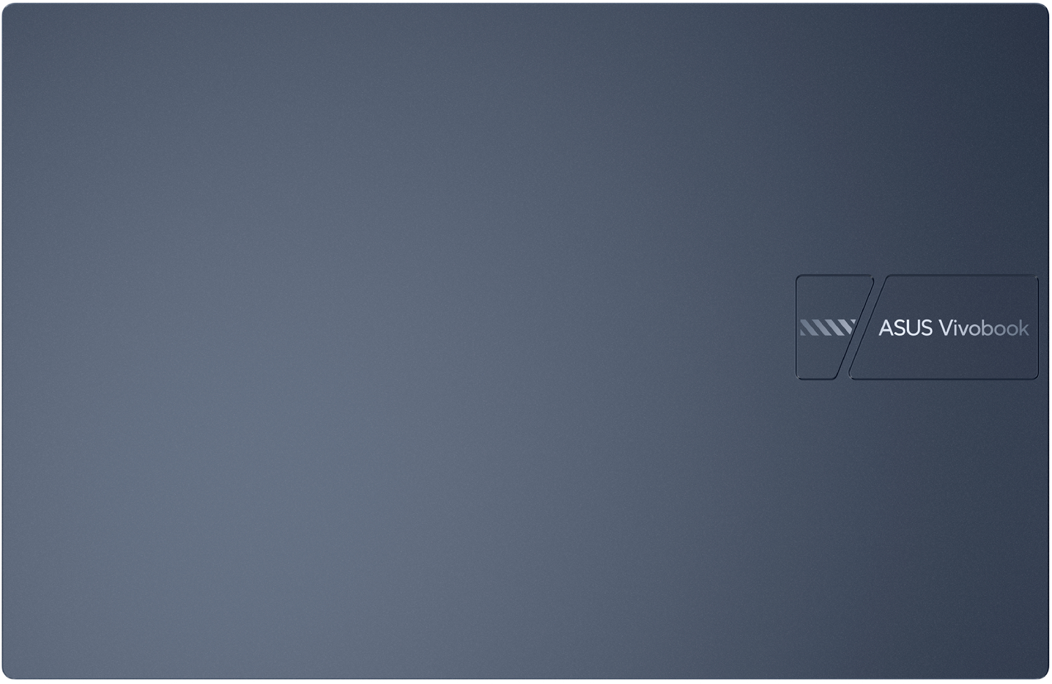 Tapa de portátil azul oscuro con logo ASUS Vivobook. Superficie lisa y mate. Logotipo en la esquina superior derecha.