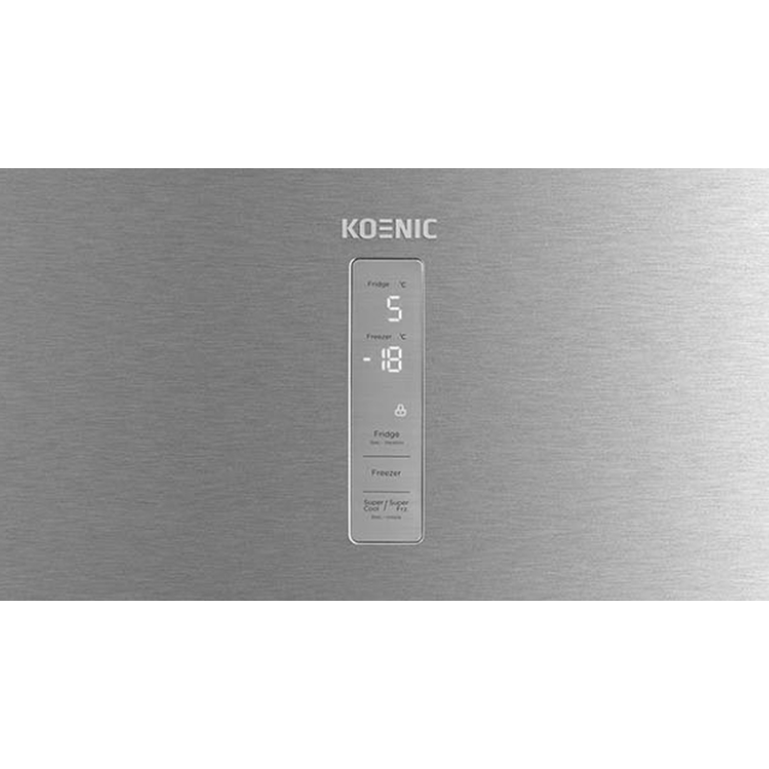 Una porta del frigorifero Koenic. Ha un display digitale che mostra la temperatura del frigorifero a 5°C e del congelatore a -18°C.