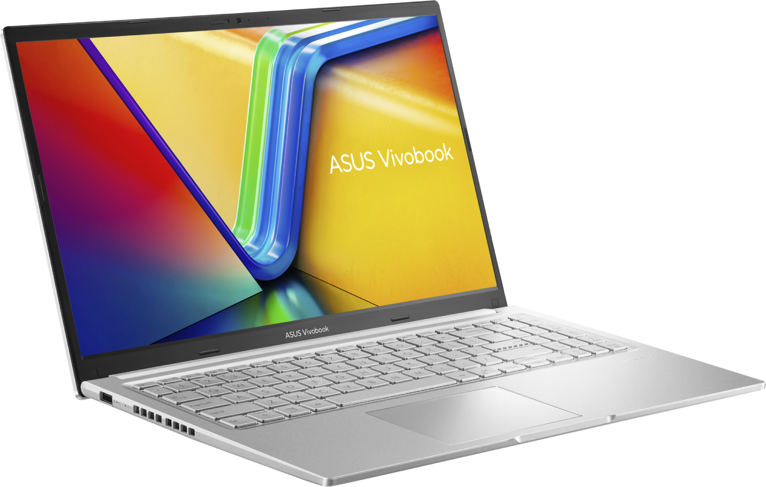 Portátil ASUS Vivobook plateado. La pantalla muestra un diseño abstracto colorido. Teclado visible. El portátil está sobre una superficie blanca.