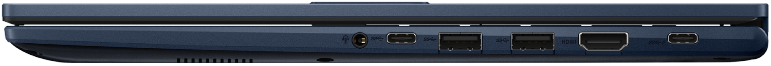 Vista lateral de un portátil azul oscuro. Puertos visibles: alimentación, USB, HDMI y USB-C. El portátil está cerrado.