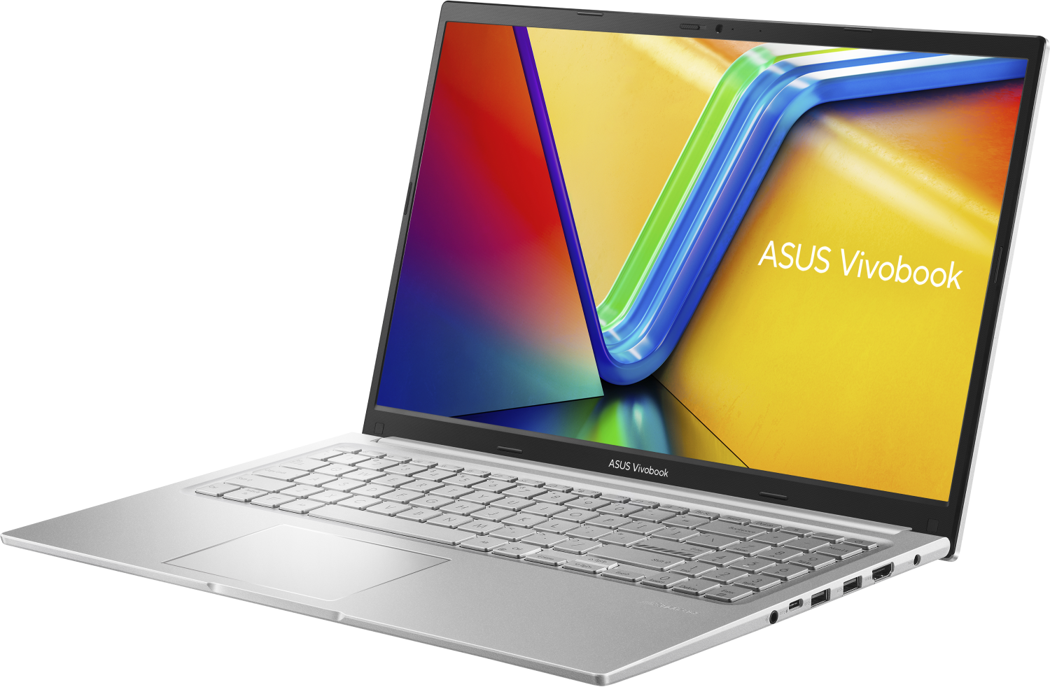 Portátil ASUS Vivobook plateado. Pantalla con diseño abstracto colorido. Teclado y panel táctil visibles. Abierto sobre fondo blanco.