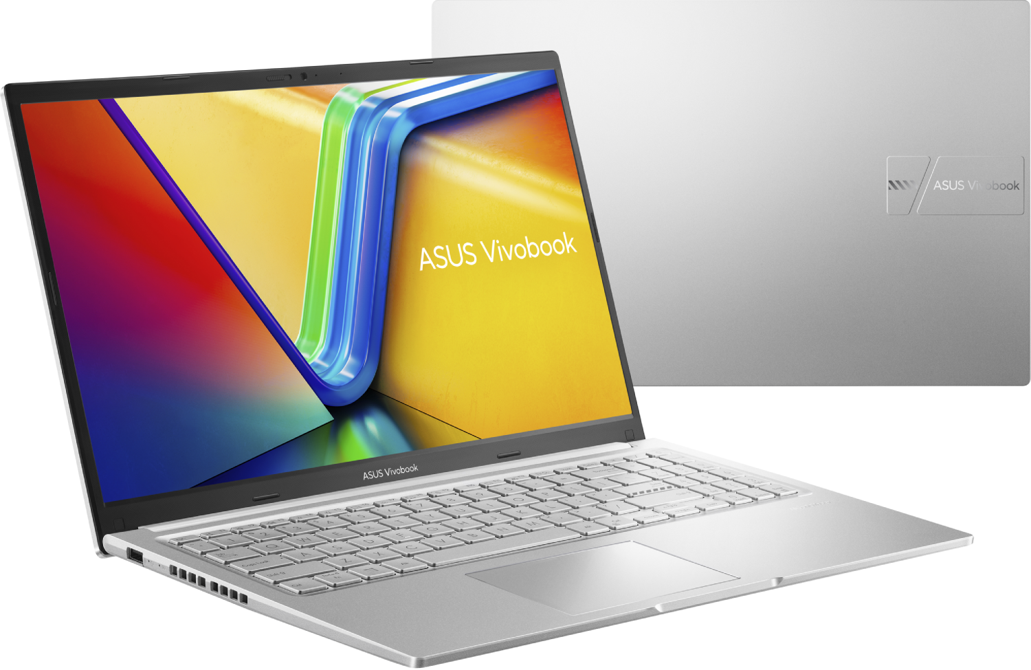 Un portátil ASUS Vivobook plateado está abierto. La pantalla muestra formas abstractas coloridas. El fondo muestra la tapa cerrada.