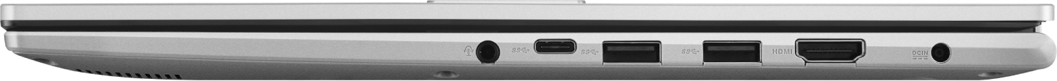 Vista lateral de un portátil con varios puertos: conector de auriculares, USB-C, USB-A, HDMI y entrada de alimentación.