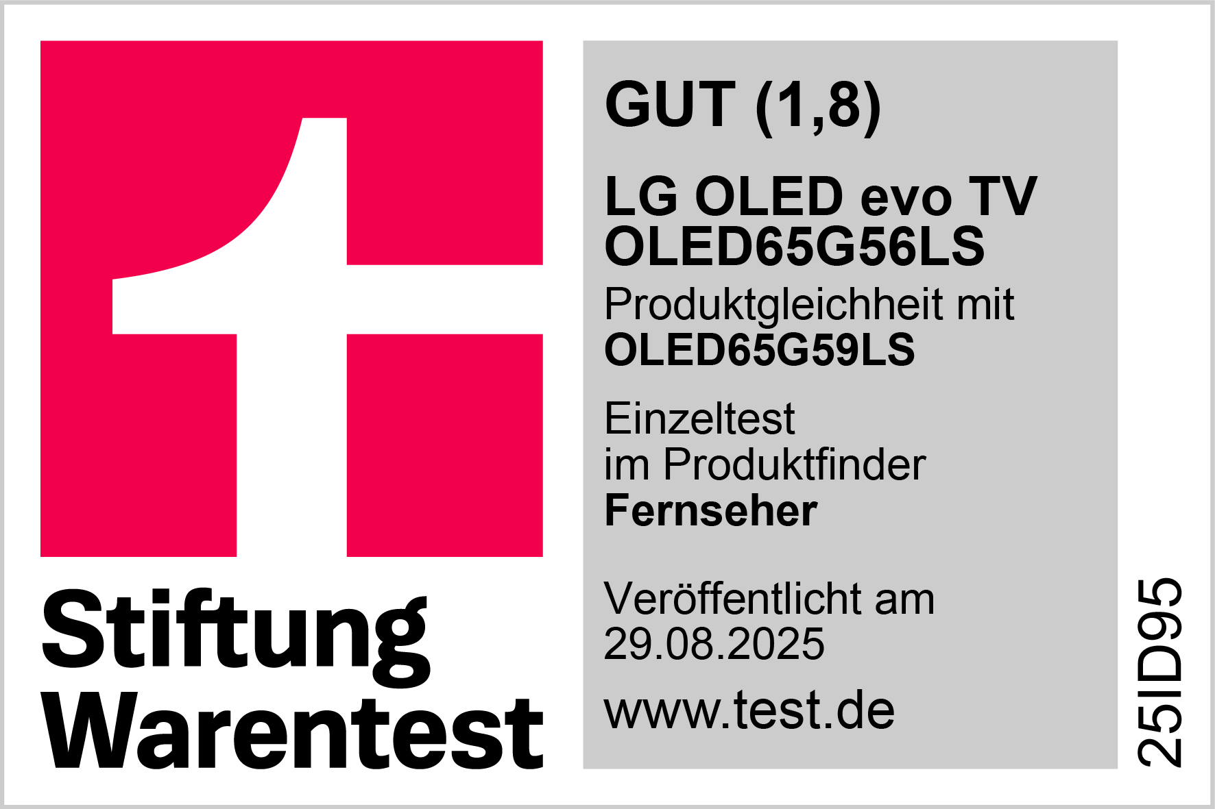 Rotes und weißes Logo für Stiftung Warentest mit Text und Bewertung. LG OLED TV Details werden ebenfalls angezeigt.