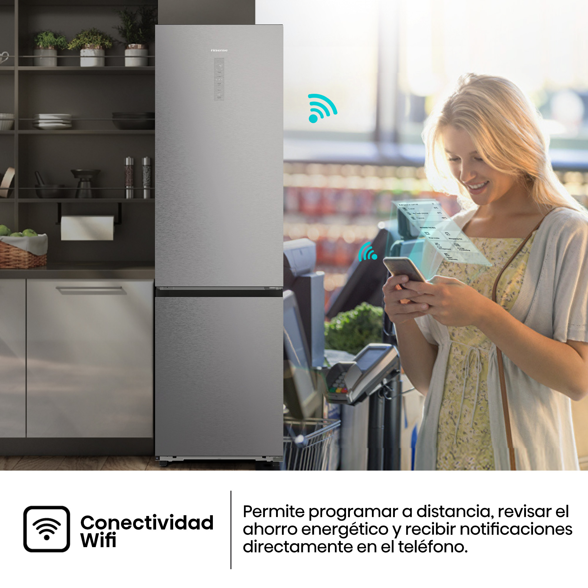 Una mujer mira su teléfono, conectado a una nevera por WiFi. La nevera es de acero inoxidable. Un carrito de compras está en el fondo.
