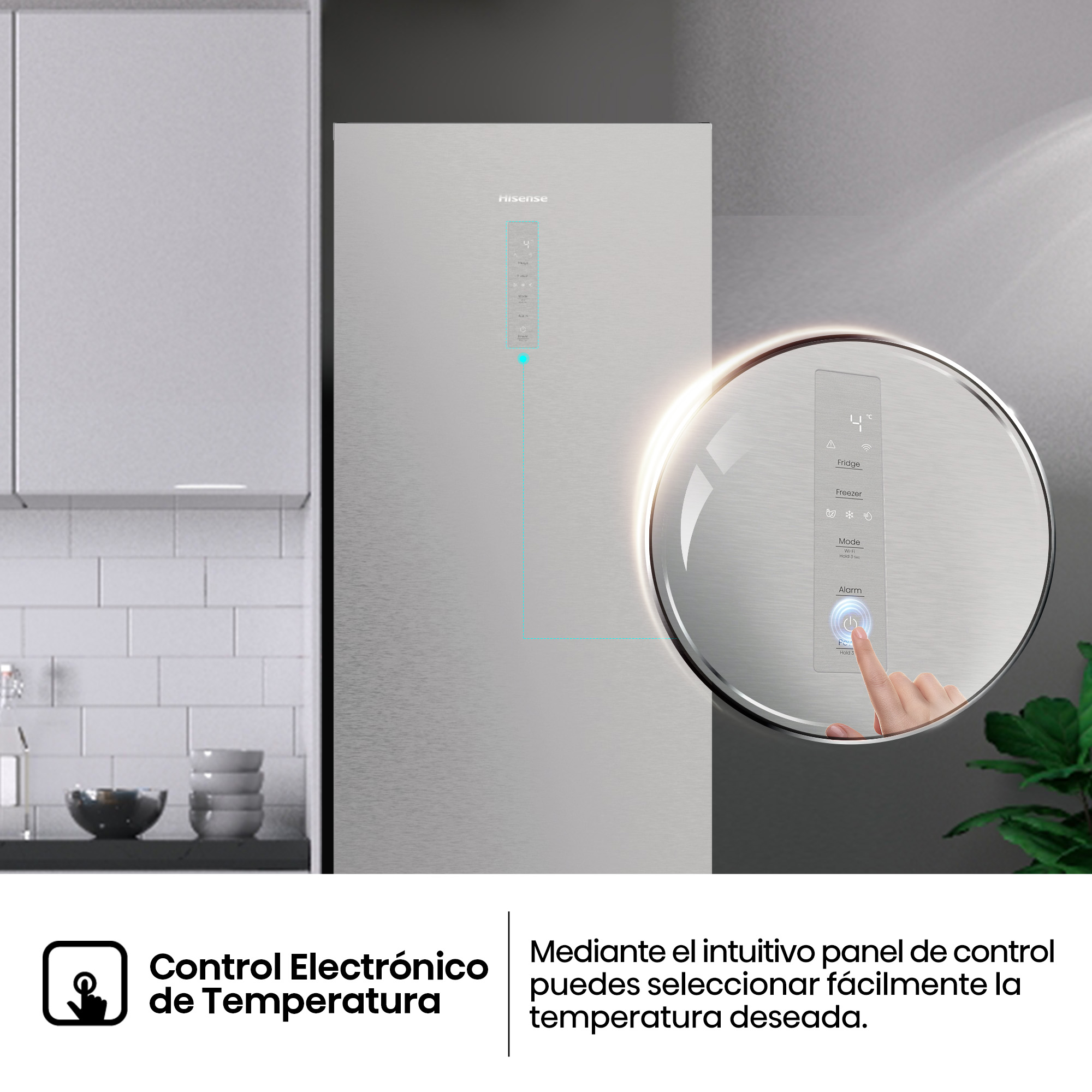 Un refrigerador Hisense de acero inoxidable con panel de control digital. Una mano pulsa el botón de encendido. El texto dice 'Control Electrónico'.