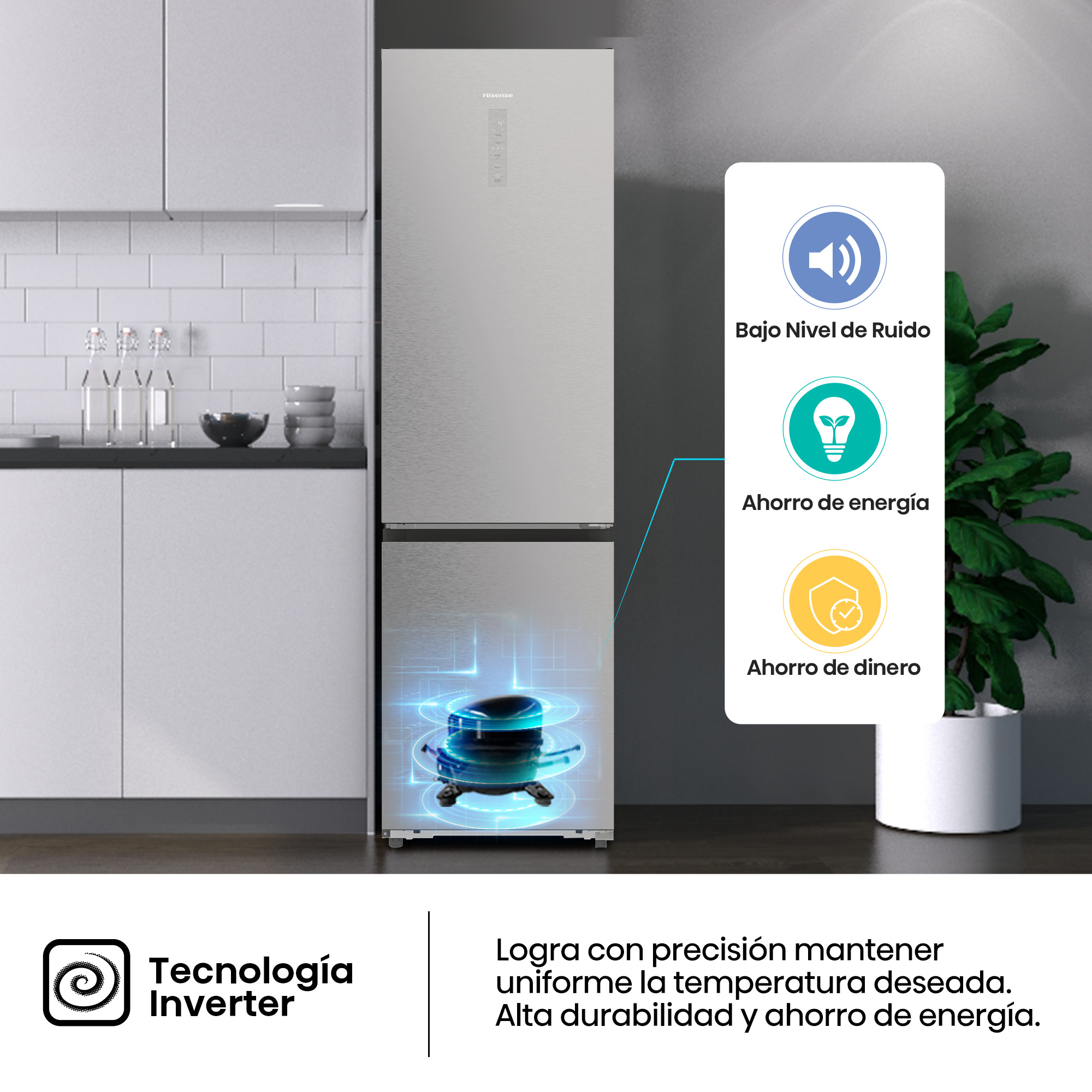 Un refrigerador Hisense plateado con iconos de ahorro de energía, una planta y gabinetes de cocina en el fondo. Se muestra la tecnología Inverter.