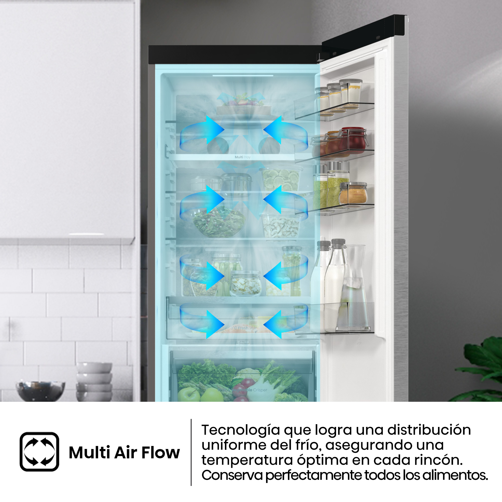 Interior de refrigerador con alimentos, flechas de flujo de aire azules y texto: Multi Air Flow. Asegura refrigeración uniforme y óptima conservación.