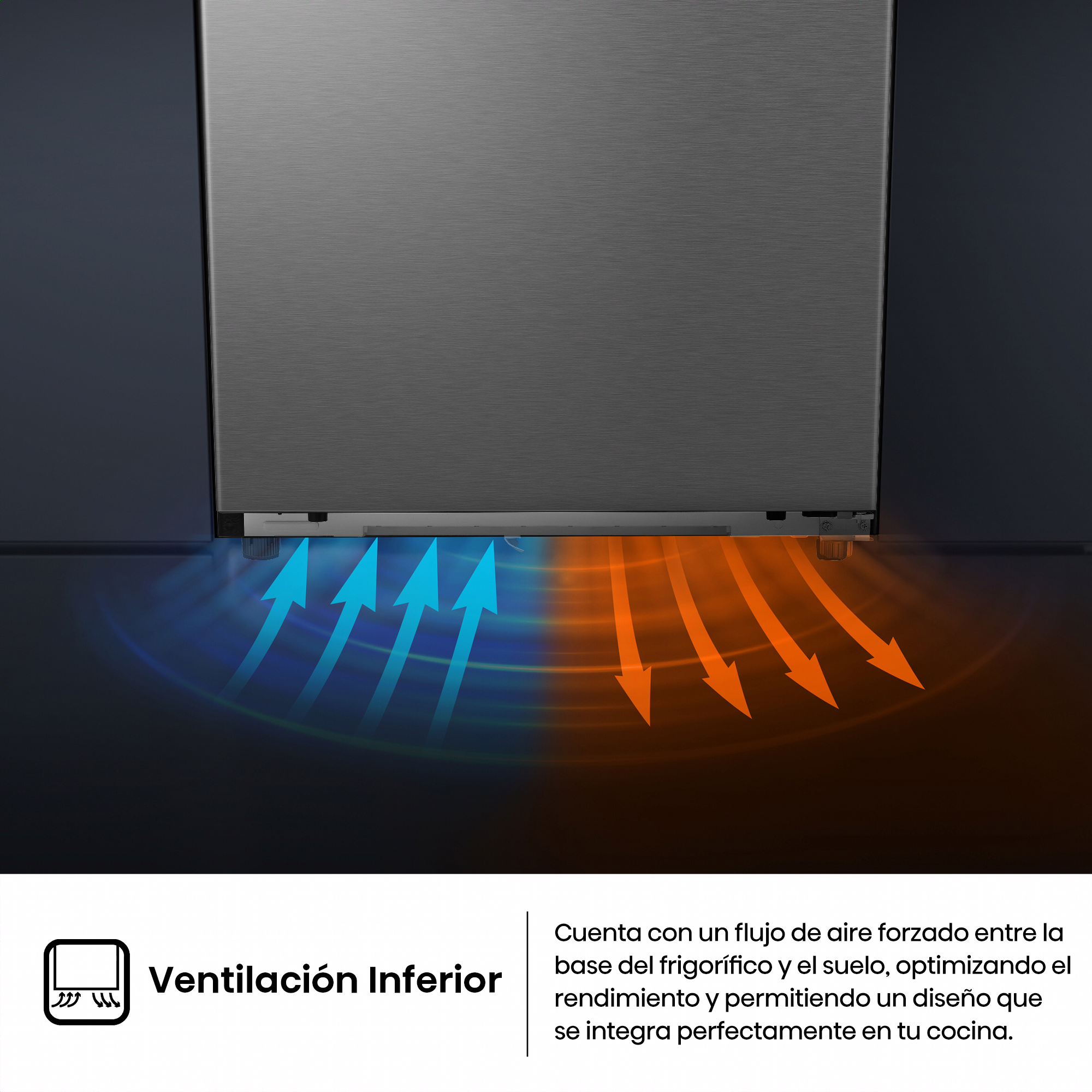 Primer plano de un refrigerador con flechas azules y naranjas que indican el flujo de aire, mostrando la ventilación.