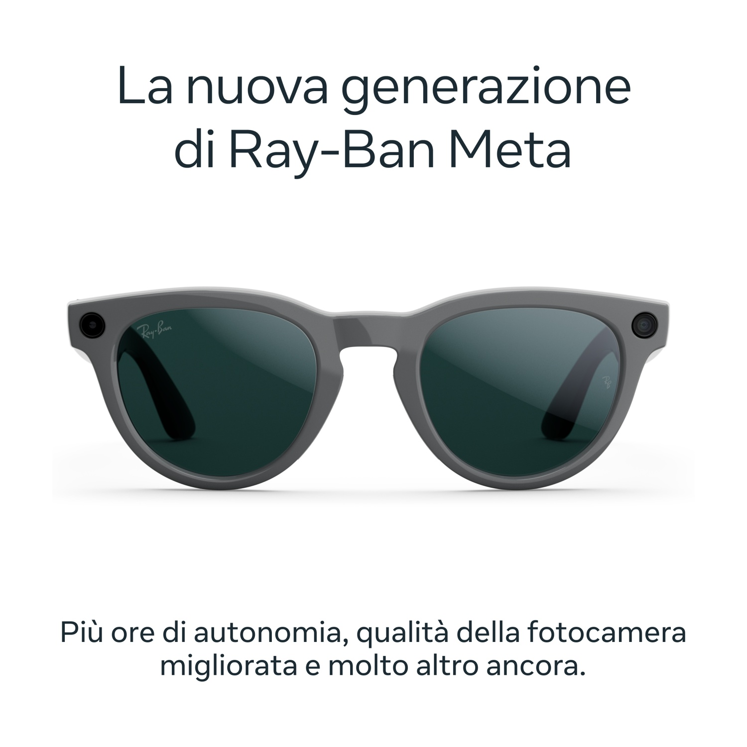 Occhiali da sole Ray-Ban Meta grigi. Testo in alto: La nuova generazione di Ray-Ban Meta. Sotto: Più batteria, qualità fotocamera e altro.