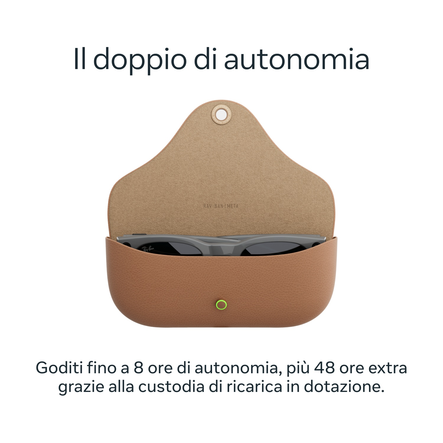 L'immagine mostra una custodia marrone con occhiali da sole all'interno e testo sopra. Dice 'Il doppio di autonomia' e 'Ray-Ban META'.