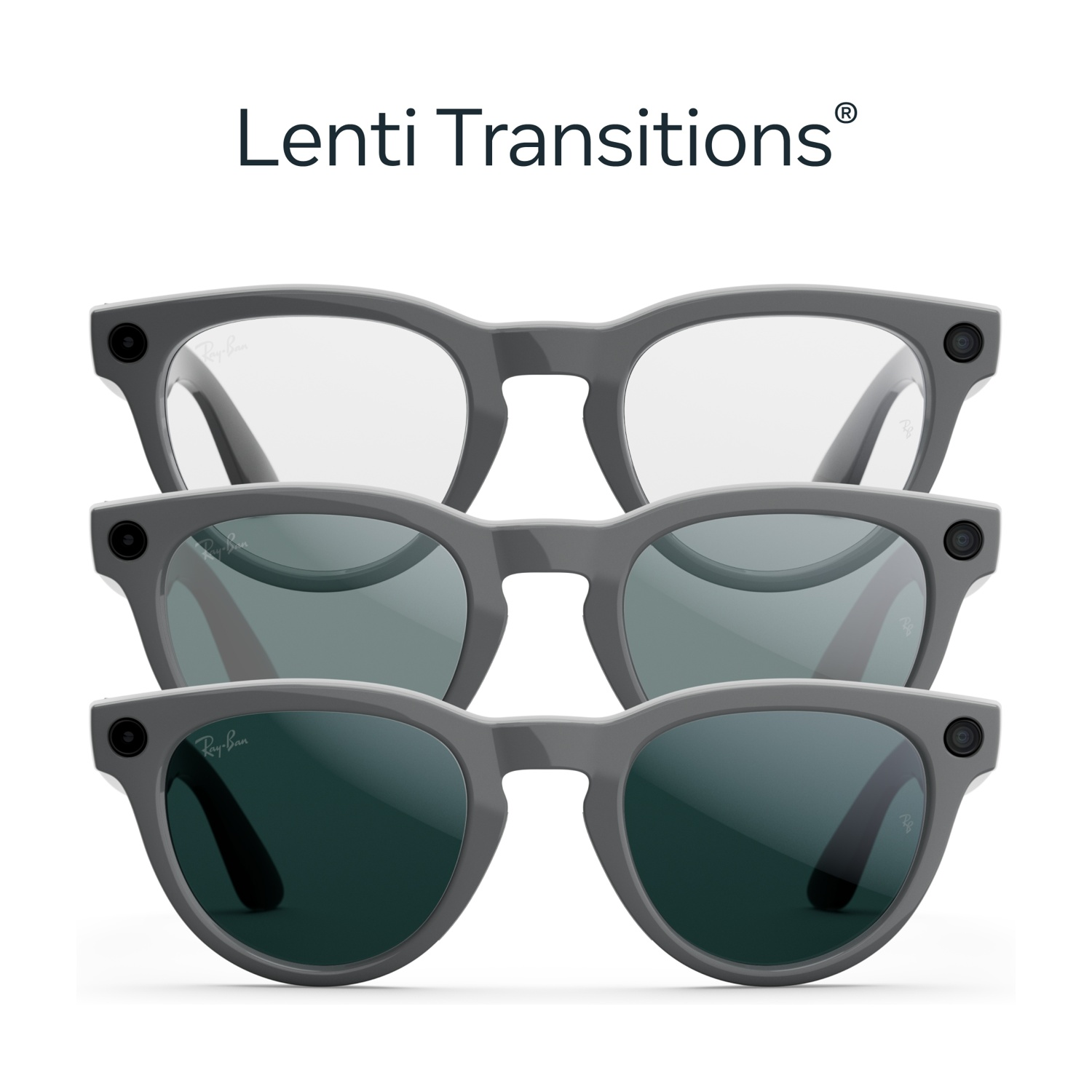 Tre paia di occhiali intelligenti Ray-Ban grigi con Lenti Transitions, che mostrano lenti chiare, colorate e scure. Tutti hanno fotocamere.