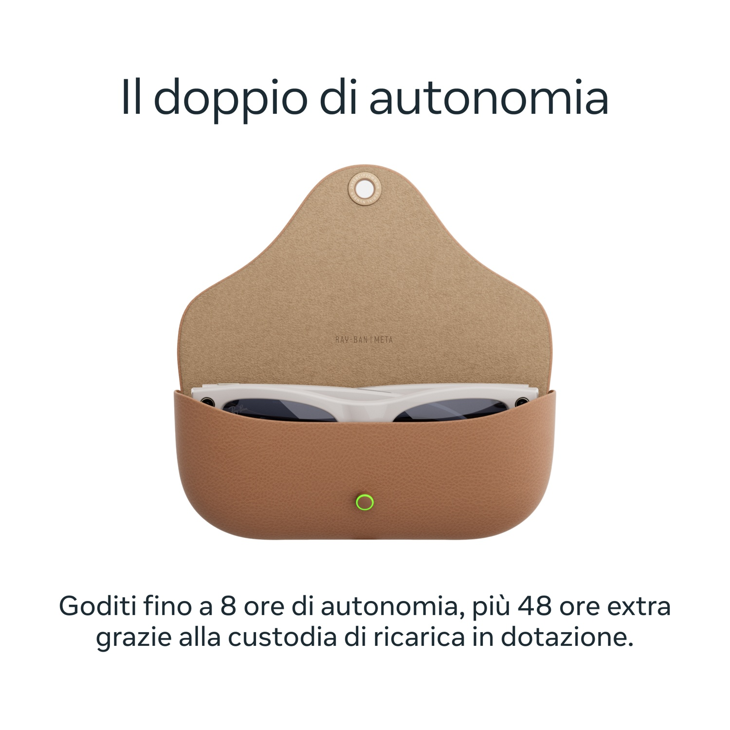 Occhiali da sole in custodia marrone. Testo: 'Il doppio di autonomia'. Testo sotto: 'Goditi fino a 8 ore di autonomia...'.