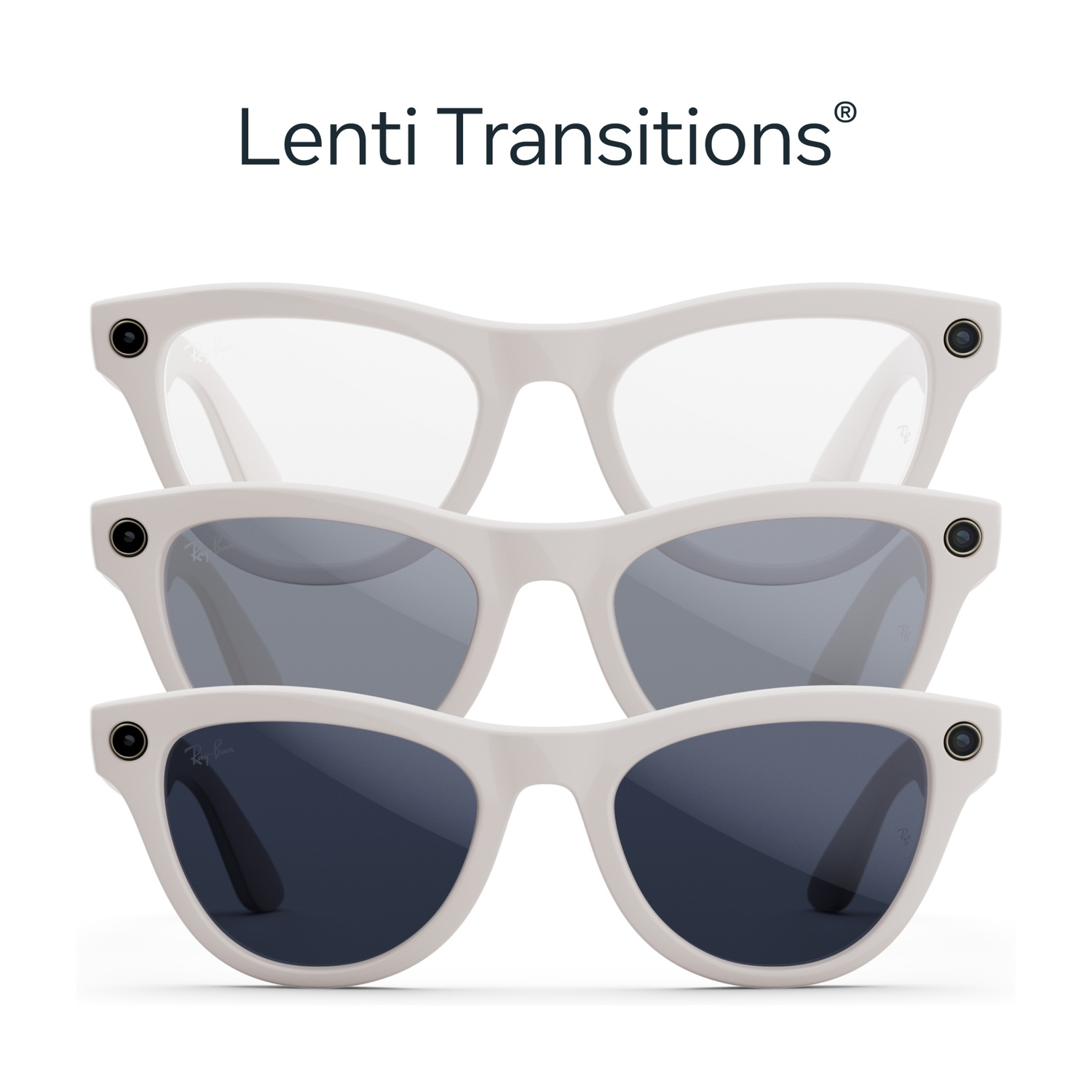Tre paia di occhiali con montatura bianca e lenti che passano da trasparenti a blu scuro. Il testo sopra dice 'Lenti Transitions'.