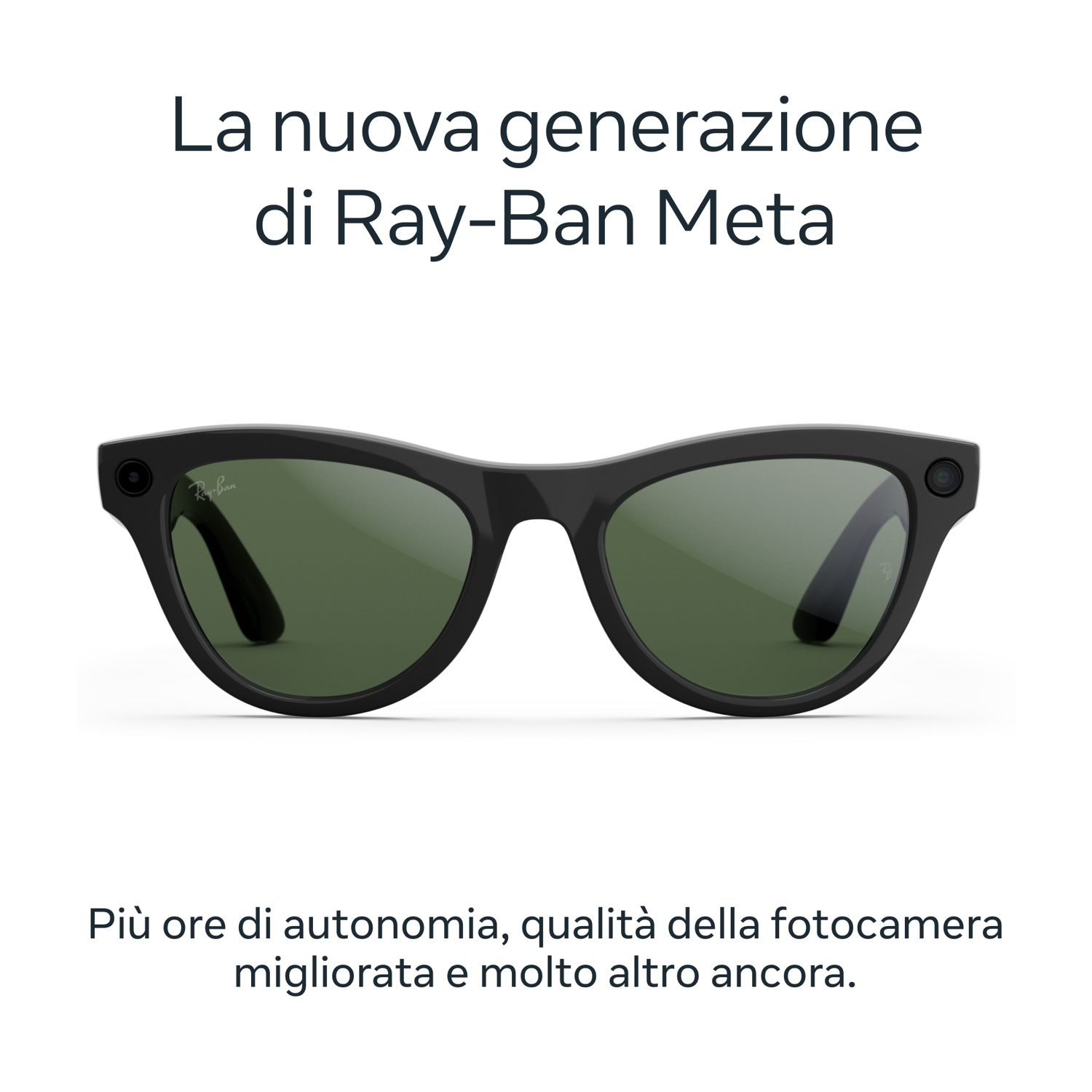 Occhiali da sole neri Ray-Ban Meta con lenti verdi. Il testo sopra dice 'La nuova generazione di Ray-Ban Meta'. Il testo in basso descrive le caratteristiche.