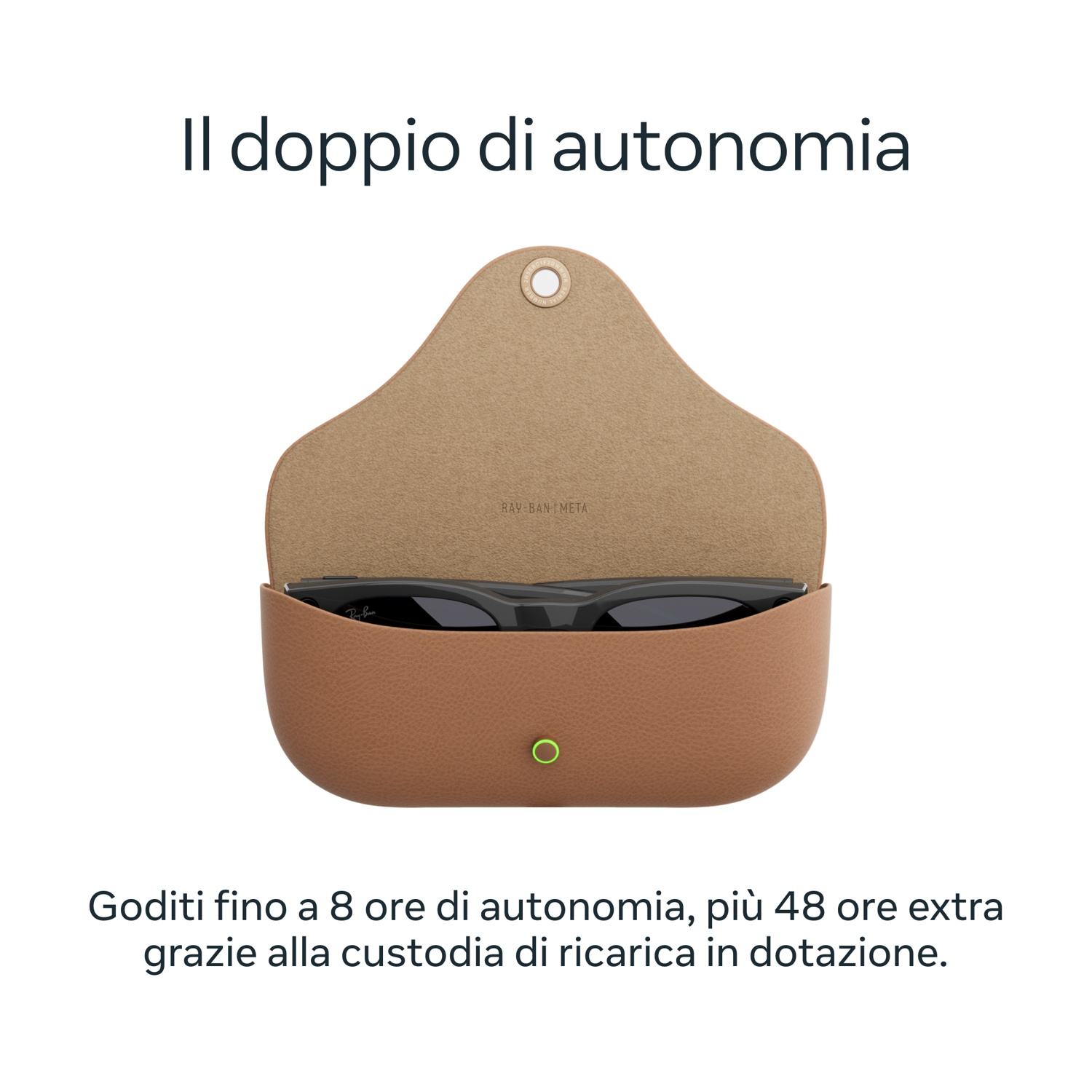 Una custodia in pelle marrone aperta con occhiali da sole all'interno. Il testo sopra dice 'Il doppio di autonomia'. Il testo sotto dice 'Goditi fino a 8 ore'.