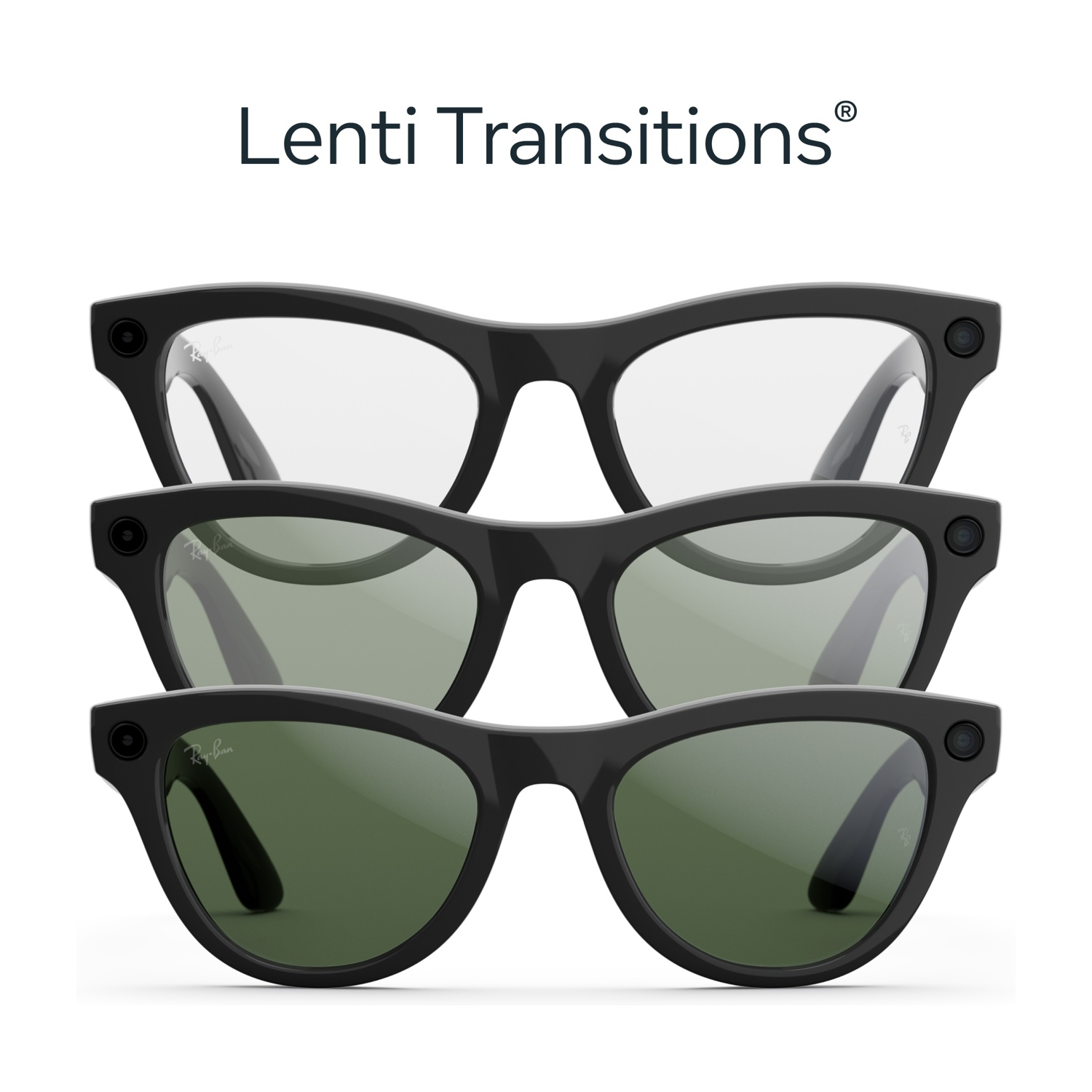 Tre paia di occhiali neri Ray-Ban con lenti trasparenti, grigie e verde scuro, su sfondo bianco. Testo in alto: Lenti Transitions.