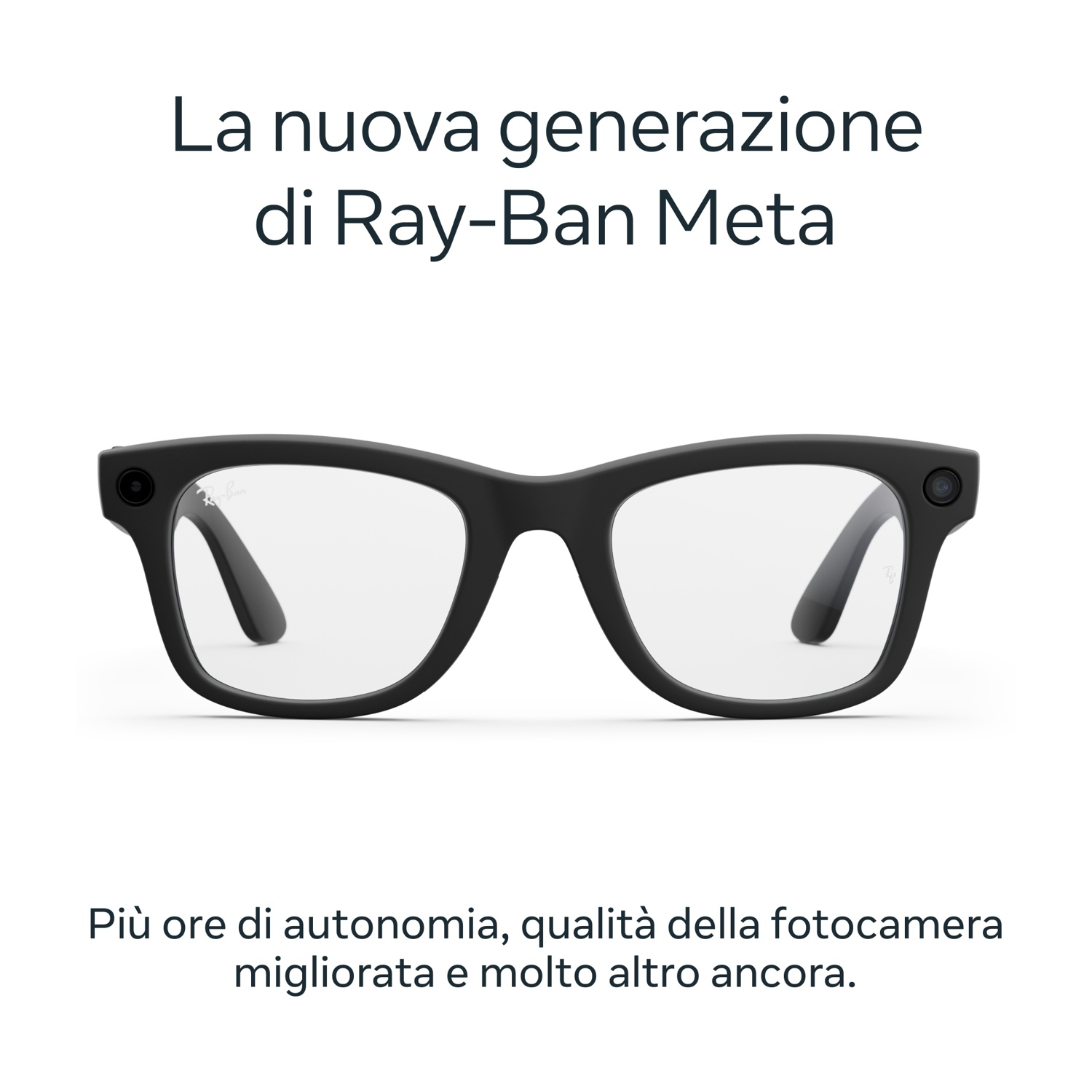 Occhiali Ray-Ban Meta neri su bianco. Testo in alto: 'La nuova generazione di Ray-Ban Meta'. In basso: funzioni migliorate.