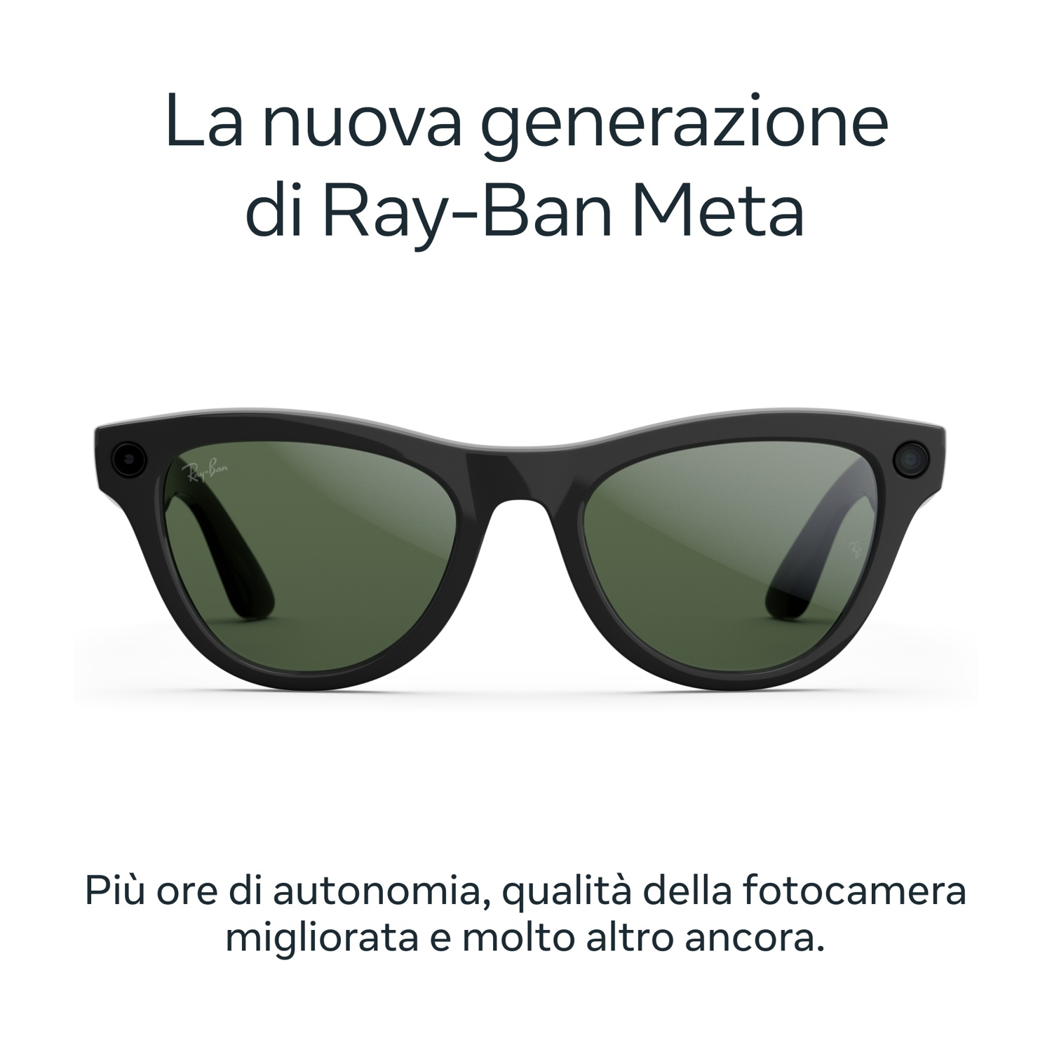 Occhiali da sole Ray-Ban Meta neri con lenti verdi. Testo: La nuova generazione di Ray-Ban Meta. Più batteria, fotocamera migliorata e altro.
