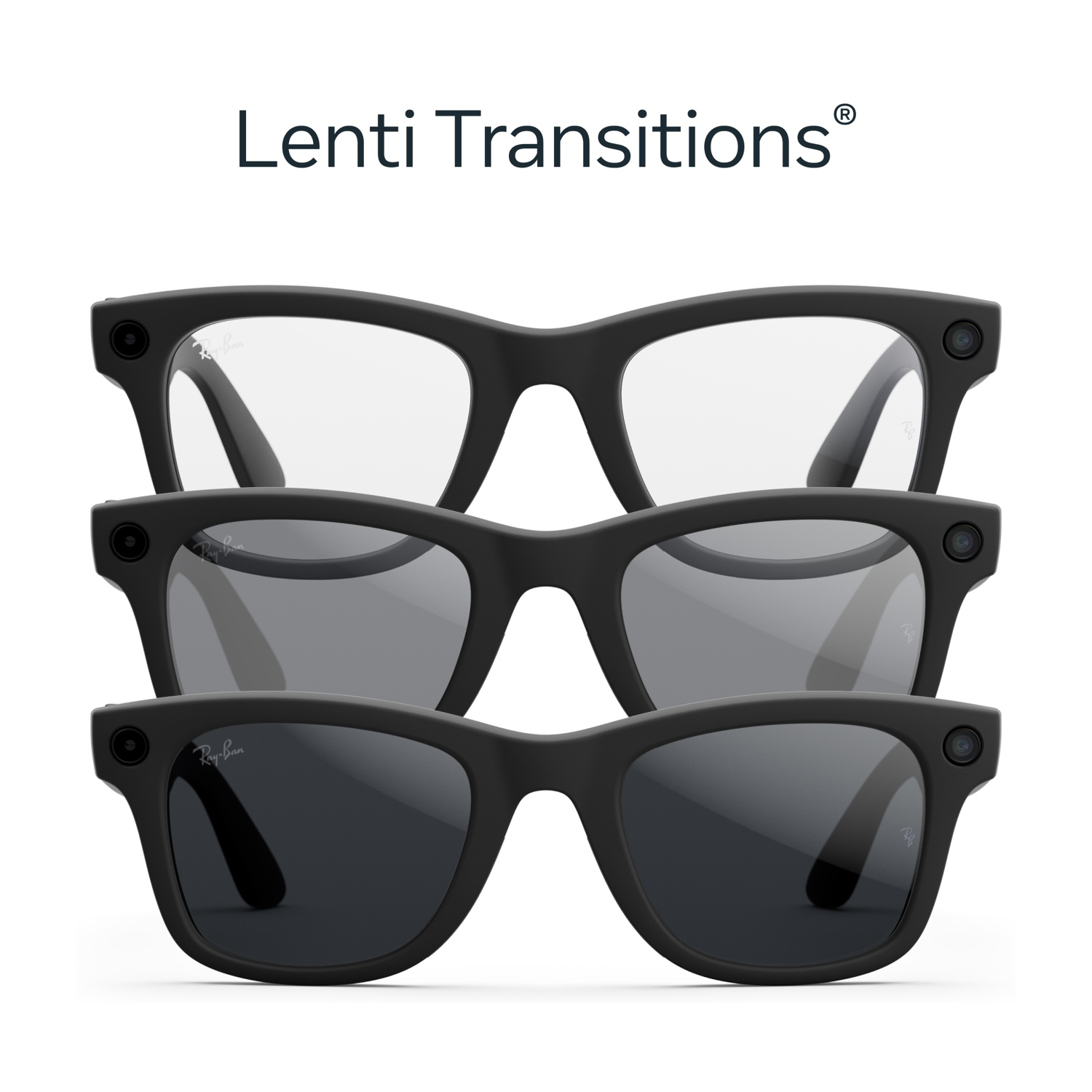 Tre paia di occhiali intelligenti Ray-Ban neri con lenti trasparenti, grigie e scure, che dimostrano la tecnologia Lenti Transitions.