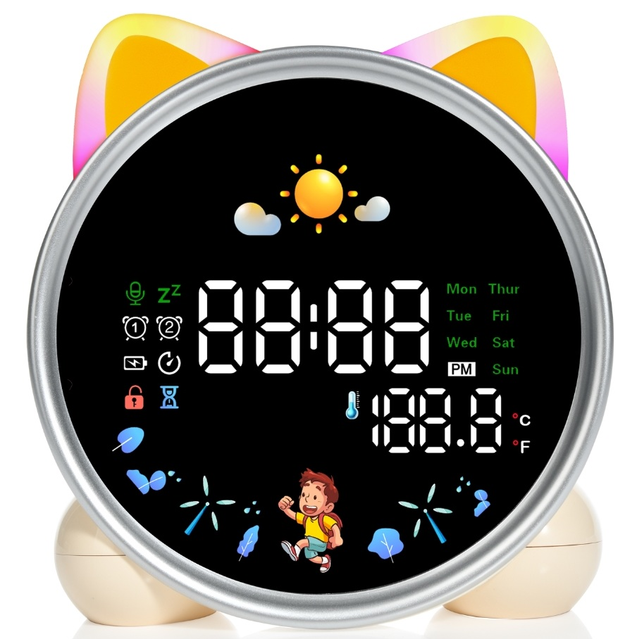 Cyfrowy zegar z uszami kota wyświetla czas, pogodę i temperaturę. Chłopiec z kreskówki biegnie na dole. Zegar ma wiele ikon.