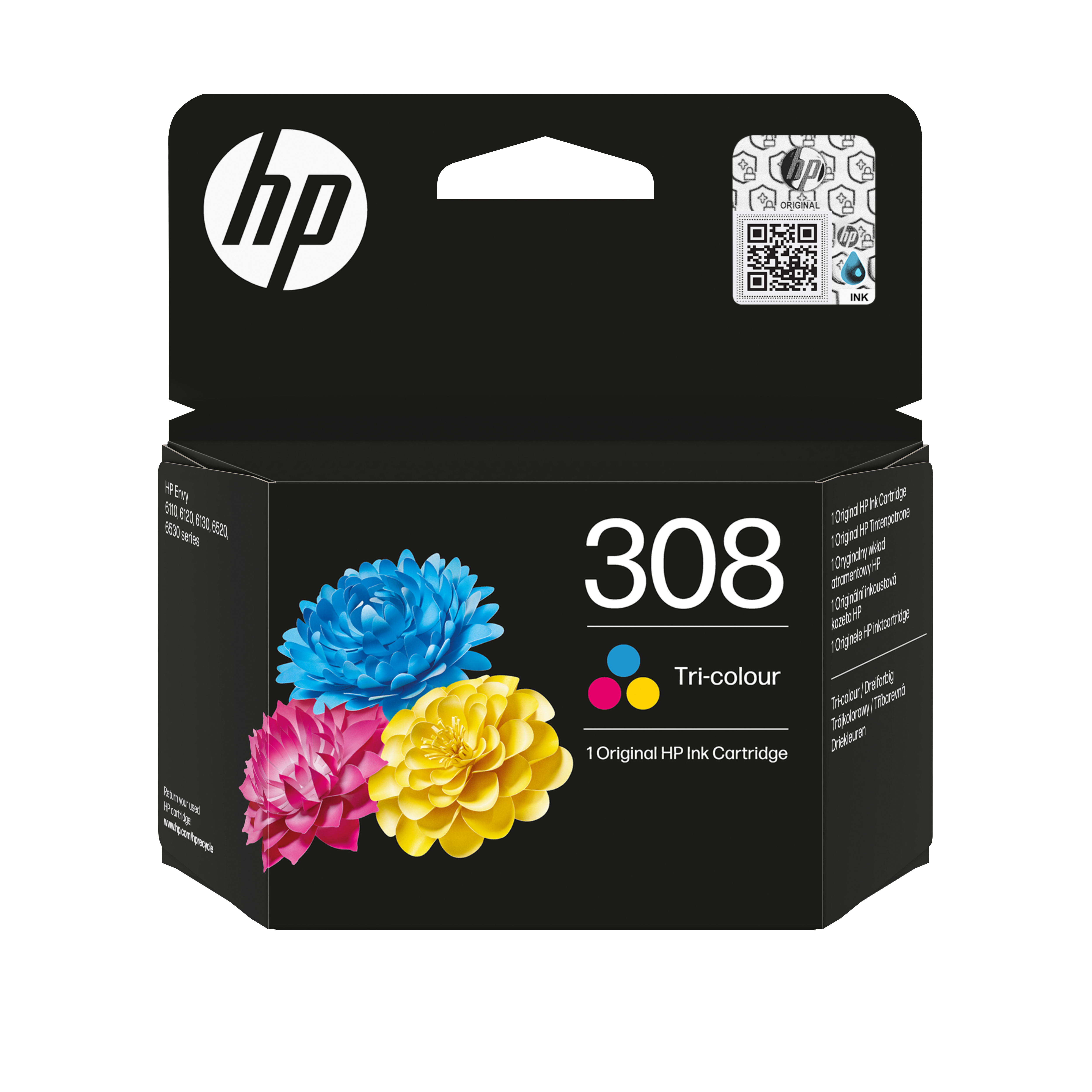 HP-Tintenpatronenbox mit blau, rosa und gelb. Enthält '308' und 'Tri-colour'.