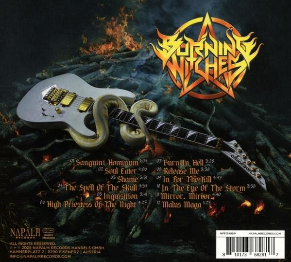 Albumcover mit Gitarre und Schlange. Burning Witches Logo. Titelliste sichtbar. Hintergrund zeigt Feuer und dunkle Landschaft.