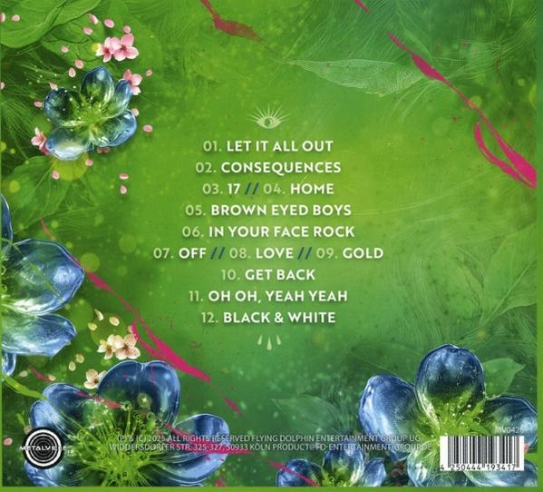 Albumcover mit grünem Hintergrund und floralem Design. Text listet Songs wie "Let It All Out", "Consequences" und "Black & White".