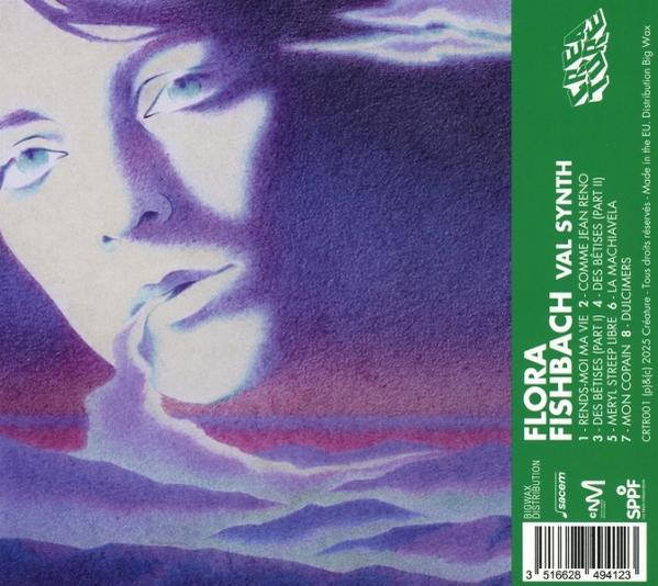 Albumcover: Ein Frauengesicht in Lilatönen, Albumtitel ist Flora Fishbach Val Synth, Trackliste rechts.