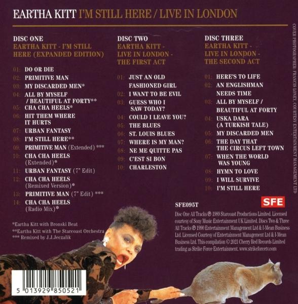 Albumcover mit Eartha Kitt, Titellisten und einer Katze. Text ist lila, schwarz und weiß. Das Album trägt den Titel 'I'm Still Here'.