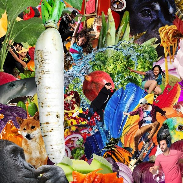 Eine Collage mit verschiedenen Elementen: ein Rettich, tanzende Menschen, ein Hund, ein Gorilla, Gemüse und eine Mischung aus Farben und Texturen.