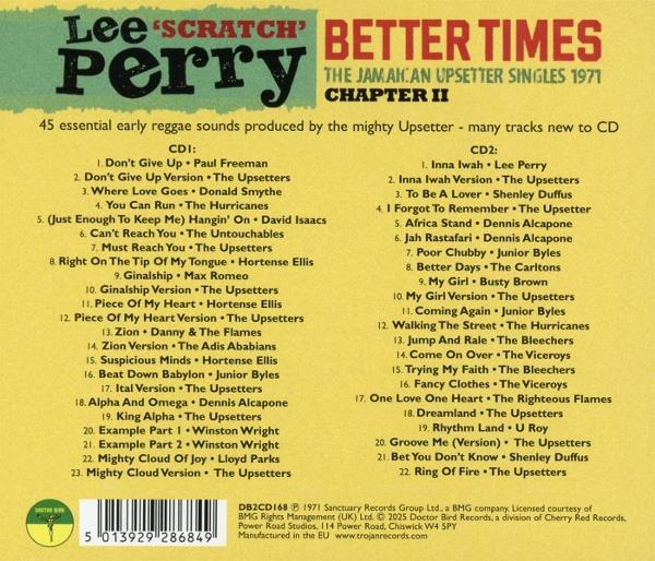 Albumcover für Lee 'Scratch' Perry, 'Better Times'. Listet Tracks für CD1 und CD2, gelb und grün.
