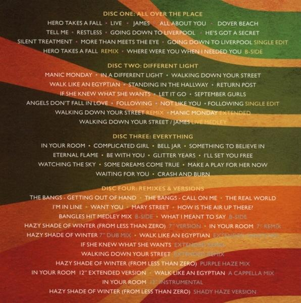 Albumcover mit Titeln, aufgeteilt in vier Discs, mit einem Hintergrund aus Orange, Braun und Grün.