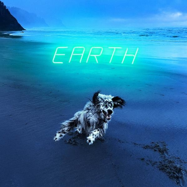 Ein Hund rennt am Strand mit dem Wort ERDE darüber. Der Hund ist schwarz und weiß, der Strand ist dunkel und der Himmel ist blau.