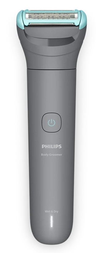 Szary trymer do ciała Philips, z niebieską głowicą. Posiada przycisk zasilania i jest oznaczony Wet & Dry.