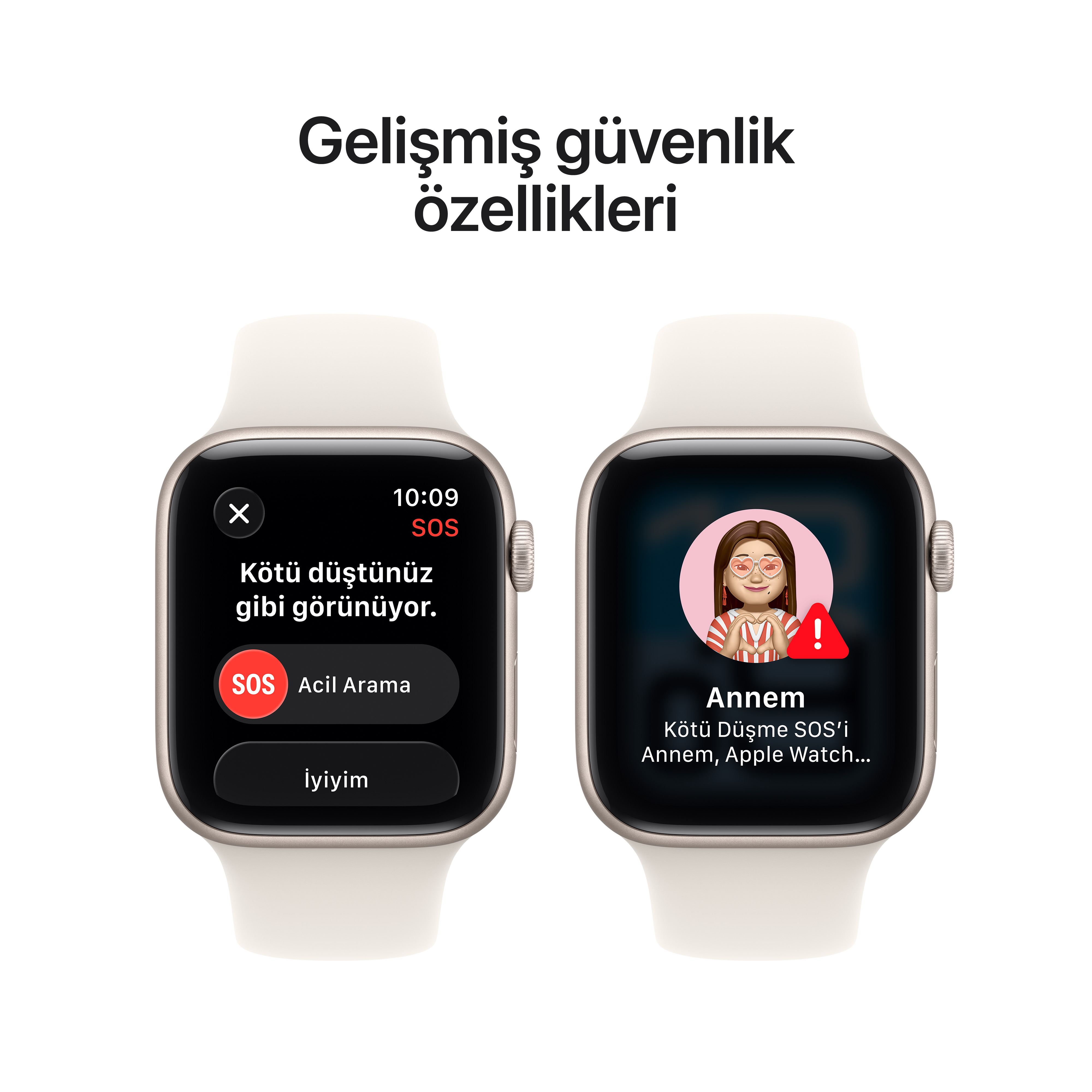 İki Apple Watch SOS uyarı ekranını gösteriyor. Biri 'Kötü düştünüz gibi görünüyor' diyor. Diğeri 'Annem'i düşme konusunda uyarıyor.