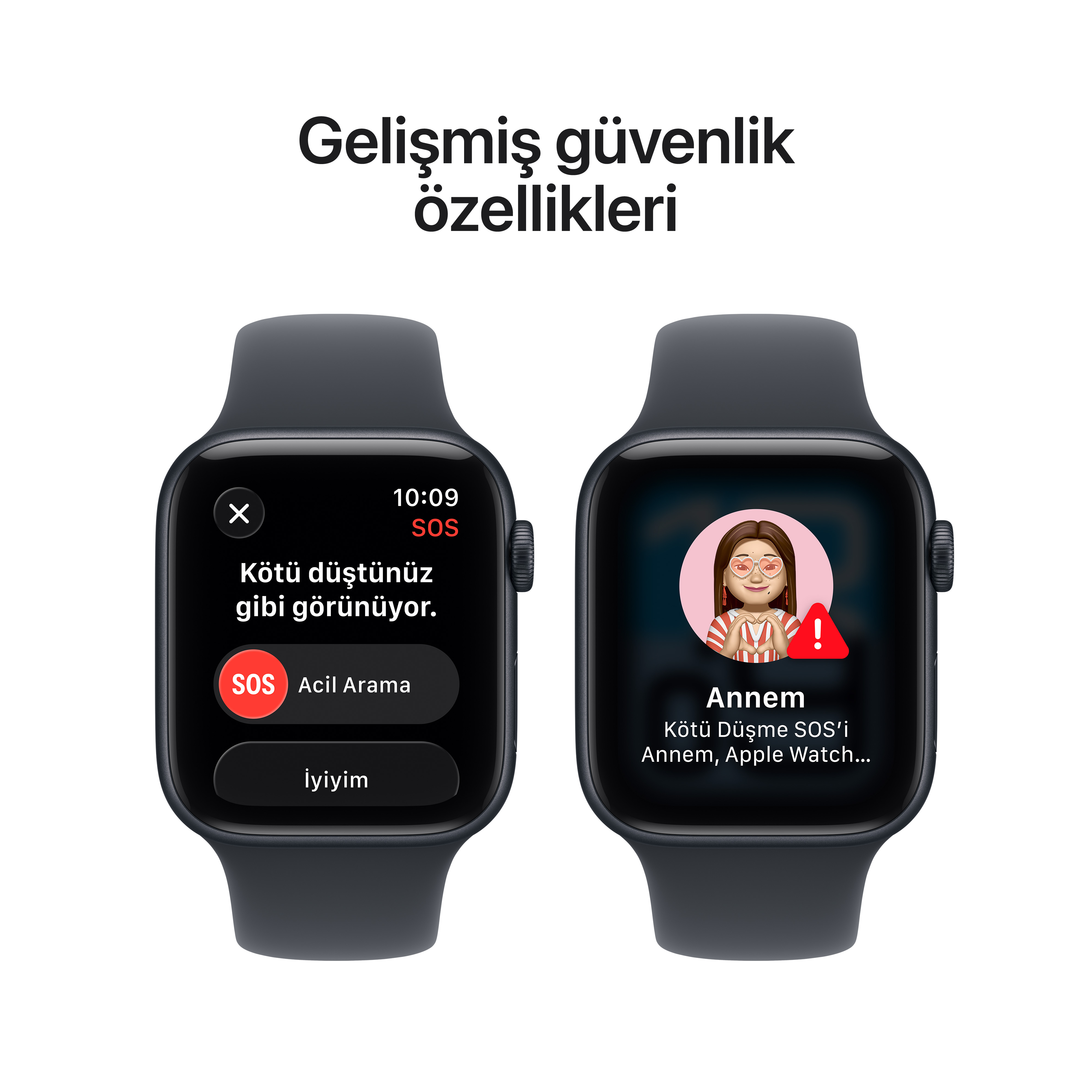 İki akıllı saat SOS uyarıları gösteriyor: biri acil arama için, diğeri düşme için. Ekranda bir kadının yüzü var.
