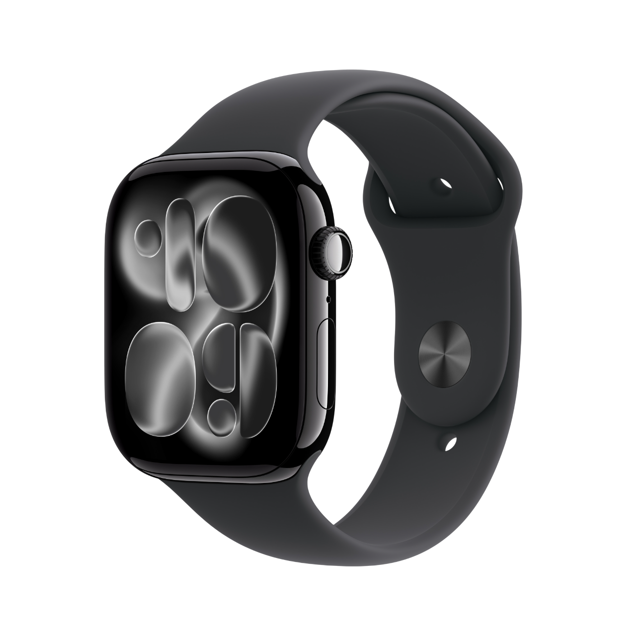 Siyah bir ekranında saat kadranı gösteren, koyu gri bir Apple Watch. Kayış koyu gridir. Arka plan siyahtır.