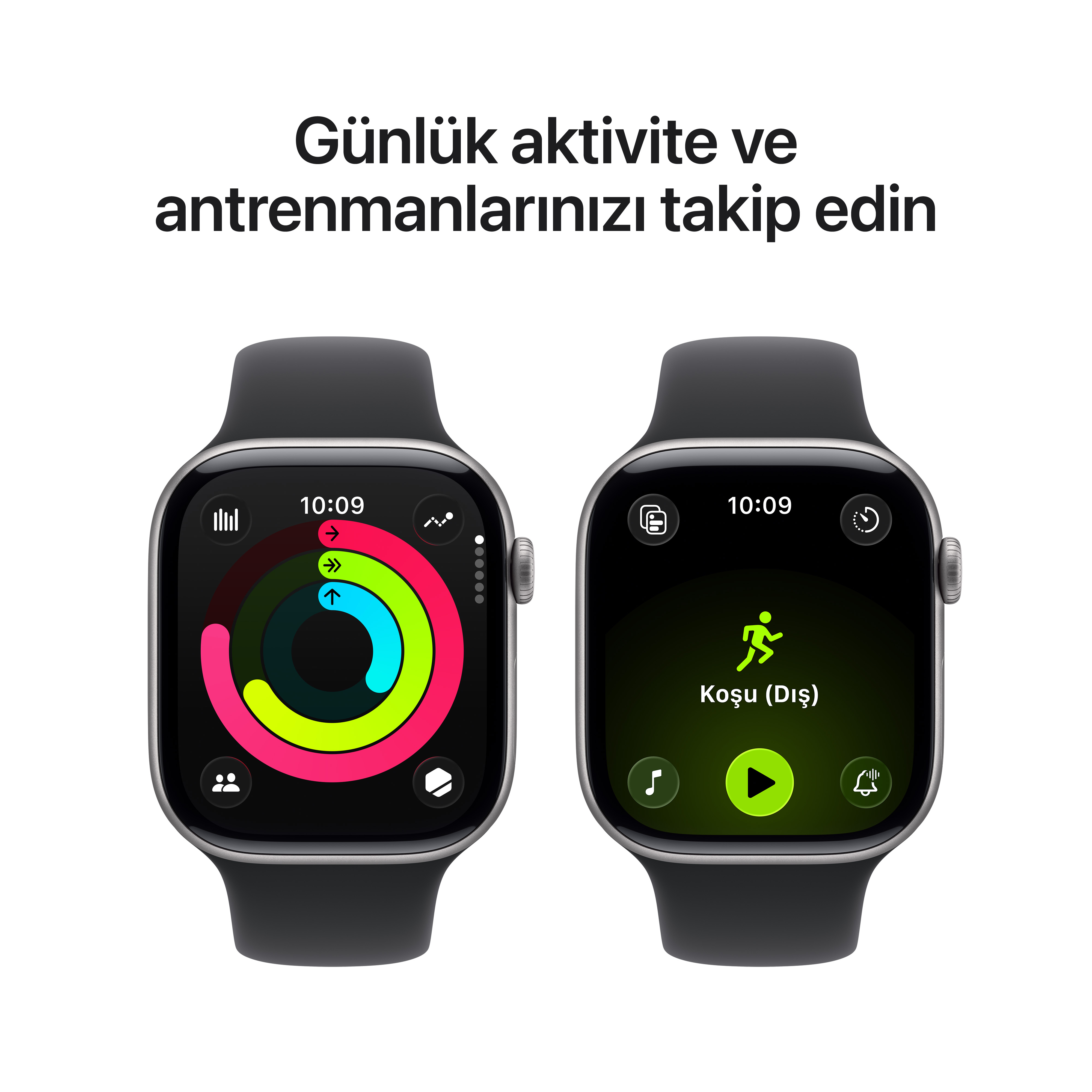 İki akıllı saat, aktivite halkalarını ve egzersiz takibini gösteriyor. Zamanı, fitness uygulaması özelliklerini ve simgeleri görüntüler.