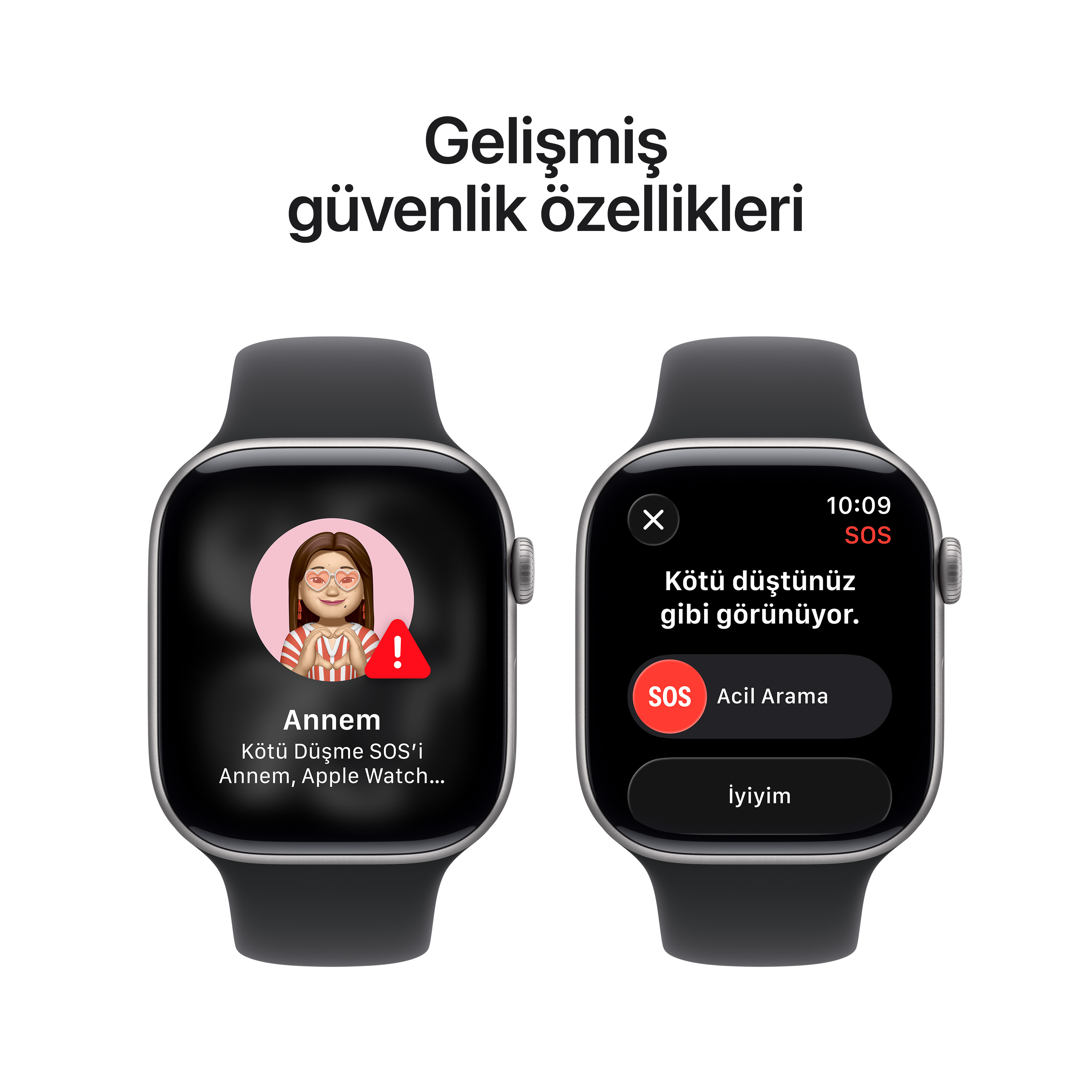 Beyaz arka planda iki Apple Watch. Biri düşme uyarısı, diğeri SOS gösteriyor. Türkçe metin.