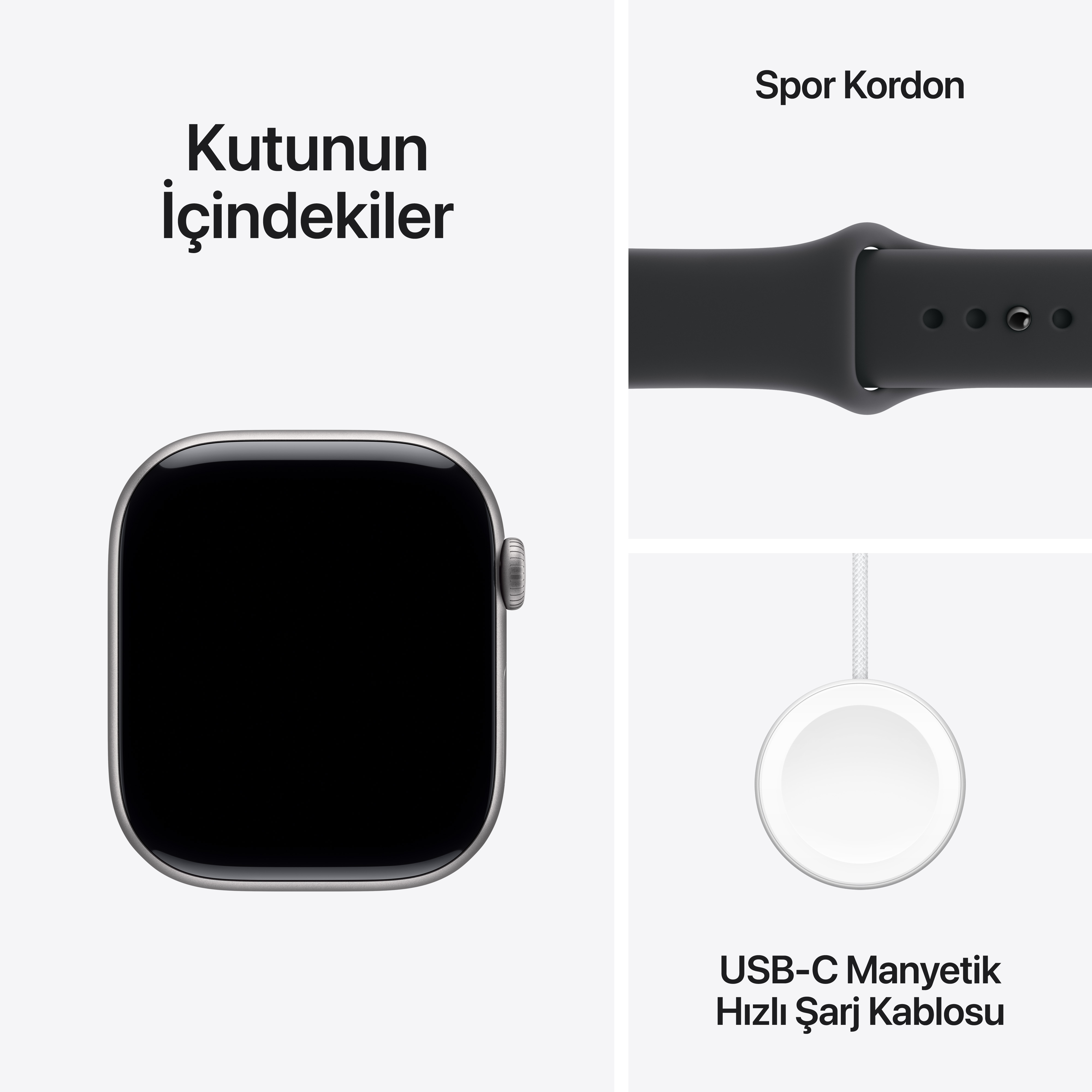 Görselde Apple Watch, spor kordonu ve beyaz zemin üzerinde USB-C manyetik hızlı şarj kablosu yer alıyor.
