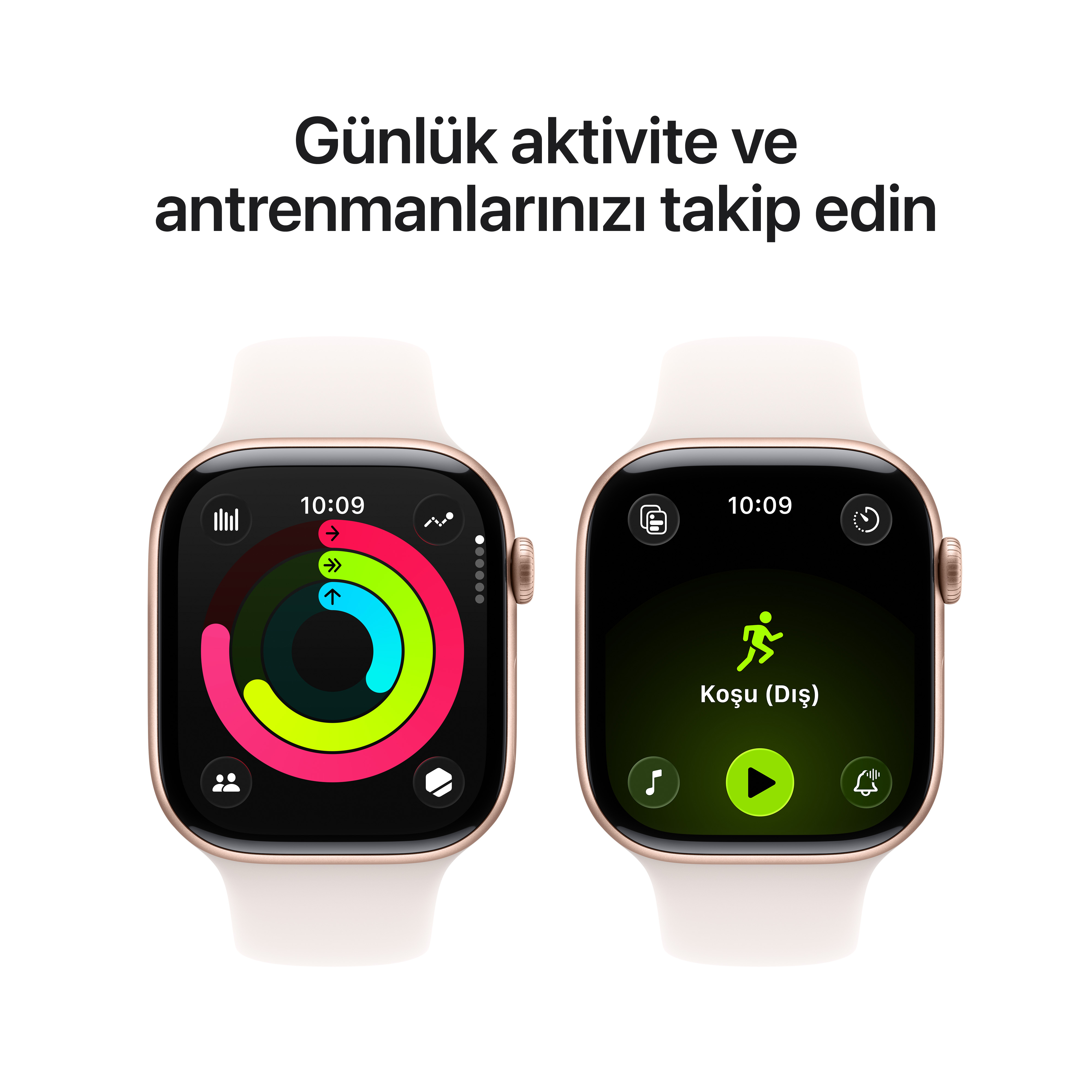 İki akıllı saat aktivite takibini gösteriyor. Biri renkli halkalar, diğeri bir koşu simgesi gösteriyor.