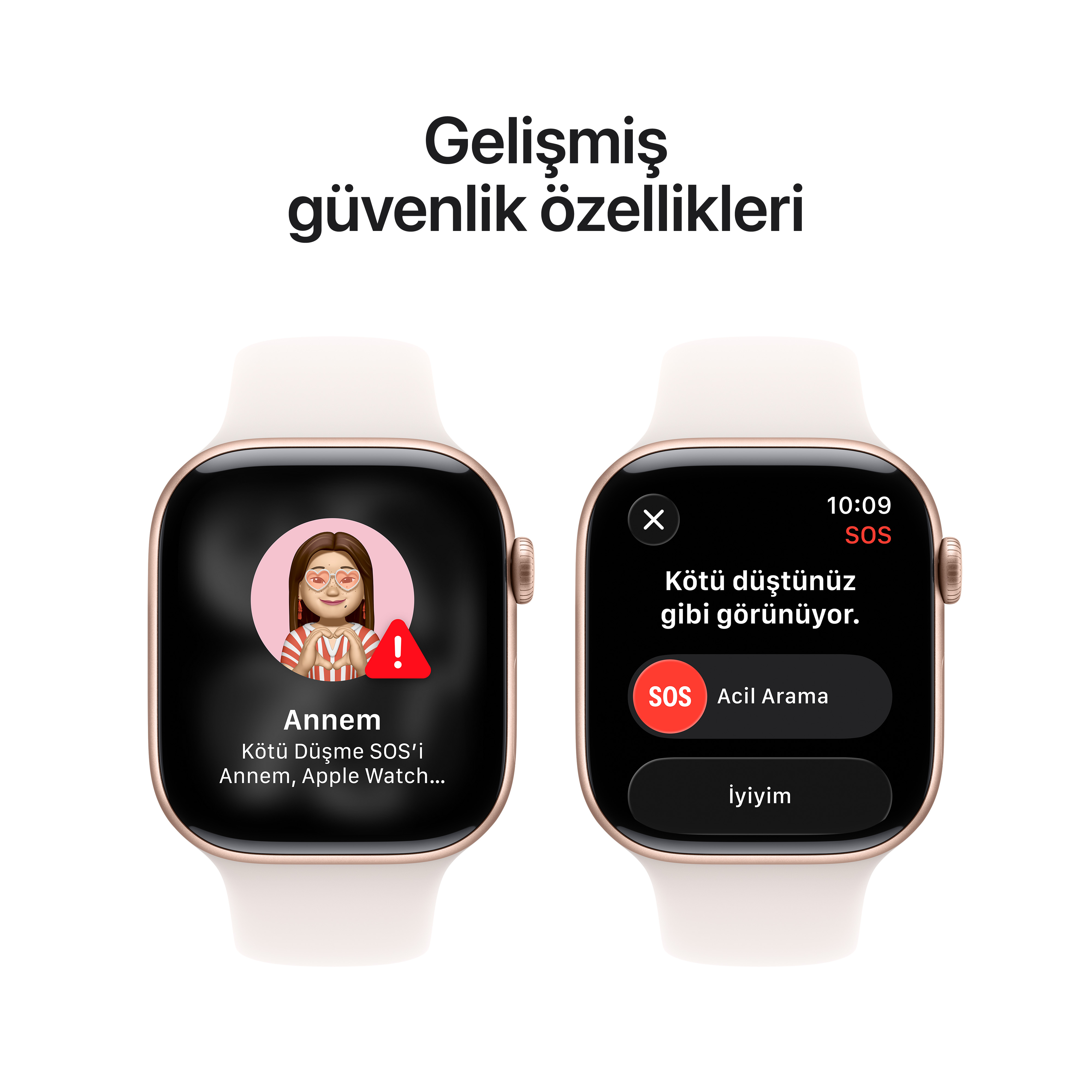 İki Apple Watch, SOS uyarıları gösteriyor. Biri bir kişiyi, diğeri kullanıcının iyi olup olmadığını soruyor.