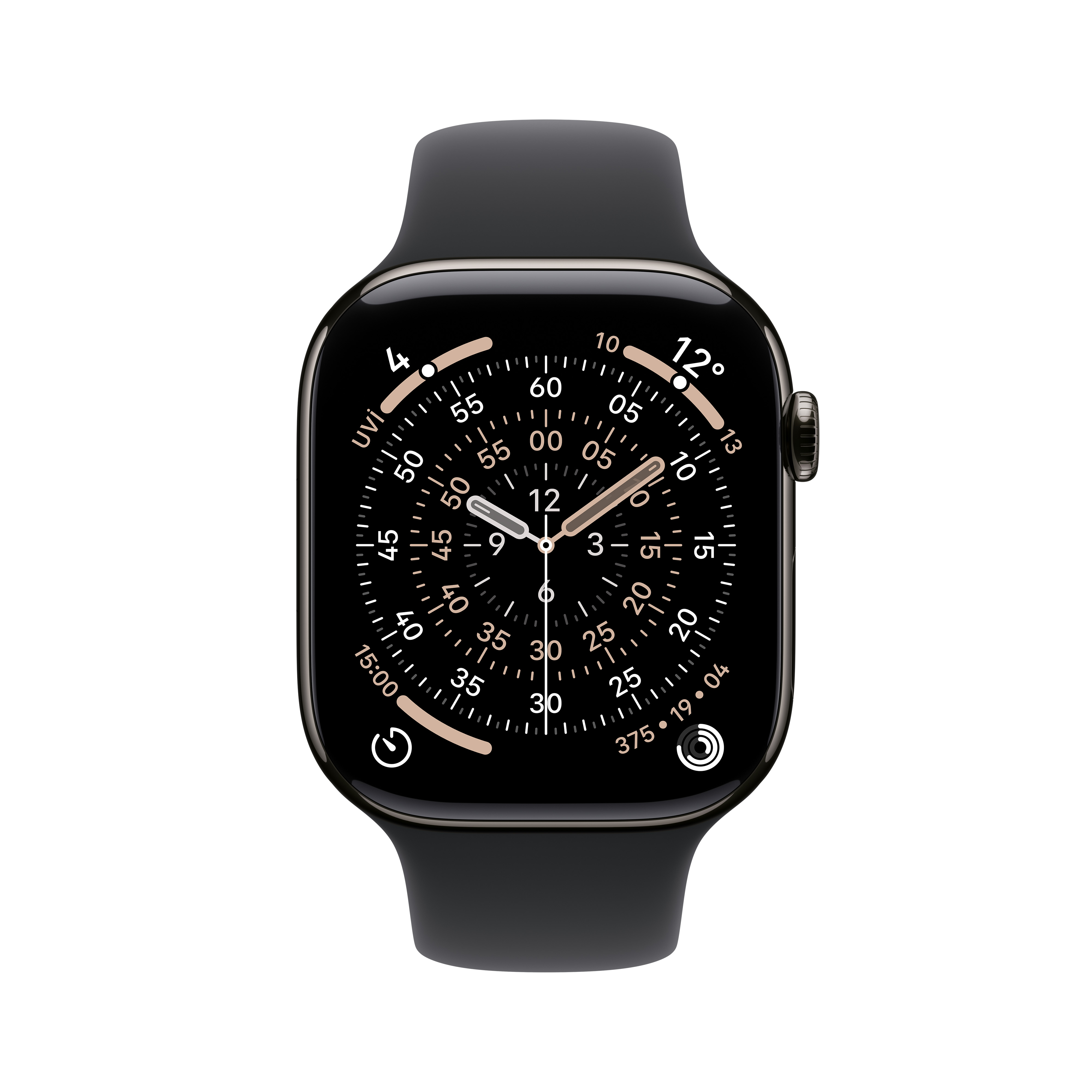Siyah bir Apple Watch saati gösteriyor. Saat kadranında sayılar, akrep yelkovan ve koyu bir arka plan üzerinde göstergeler var.