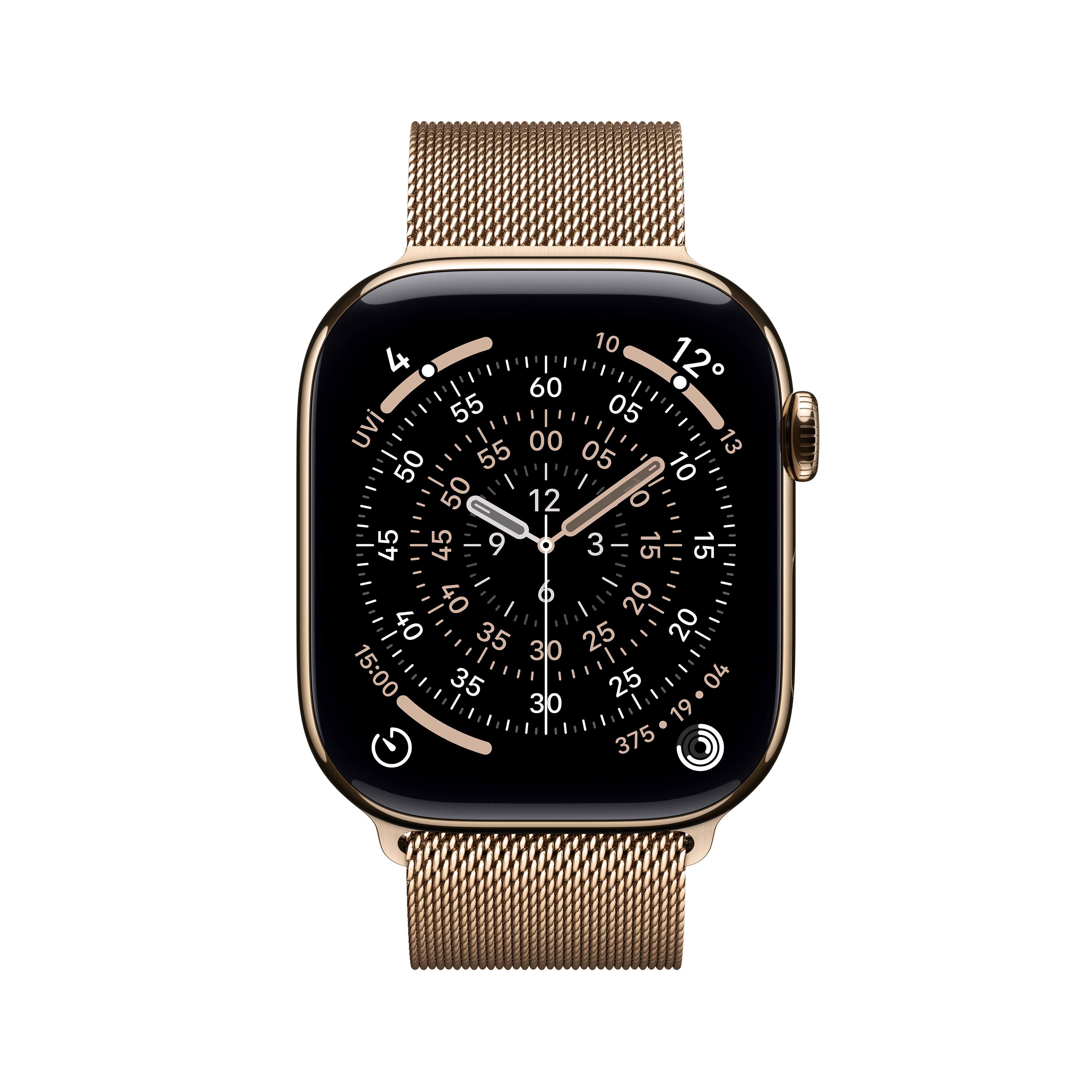 Örgü kayışlı altın rengi bir Apple Watch zamanı gösteriyor. Siyah ekran, saat kolları ve rakamlar. Beyaz zeminde izole.