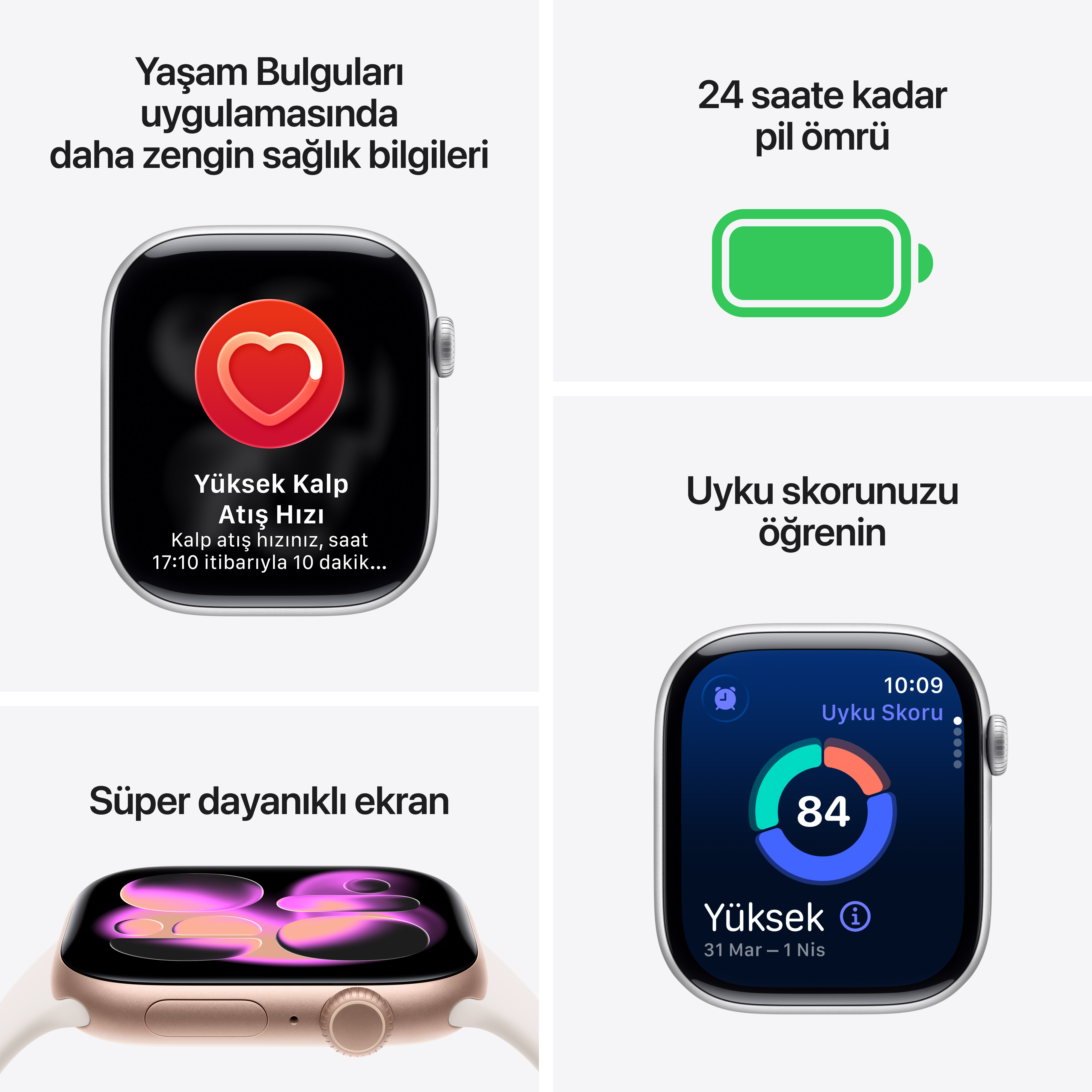 Apple Watch, kalp atış hızı, uyku skoru, pil ömrü ve dayanıklı ekran gibi sağlık verilerini gösterir. Türkçe metin.